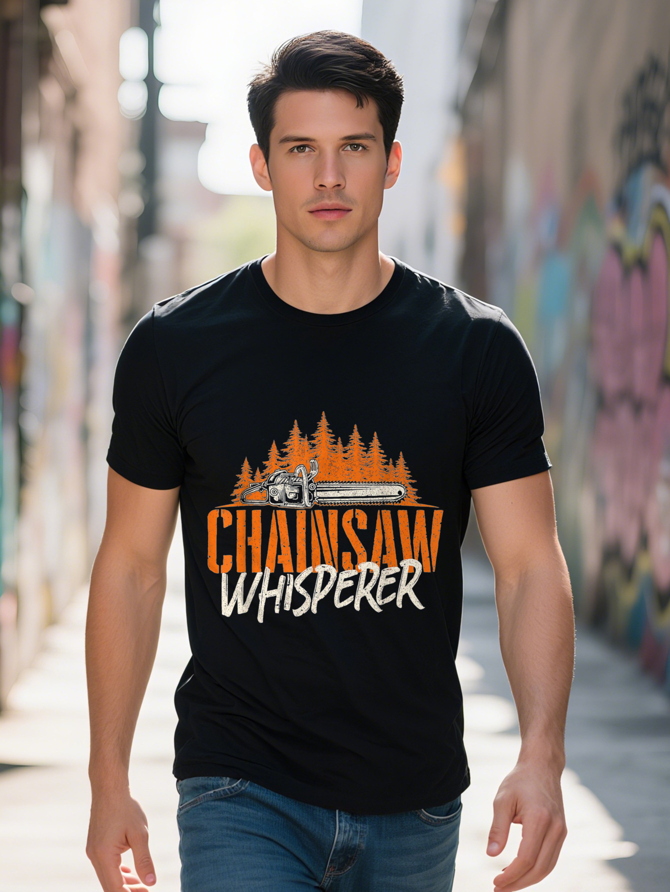 Chainsaw Whisperer Graphic T-Shirt Cotton Casual Crew Neck Short Sleeve Slight Stretch Knit Fabric Regular