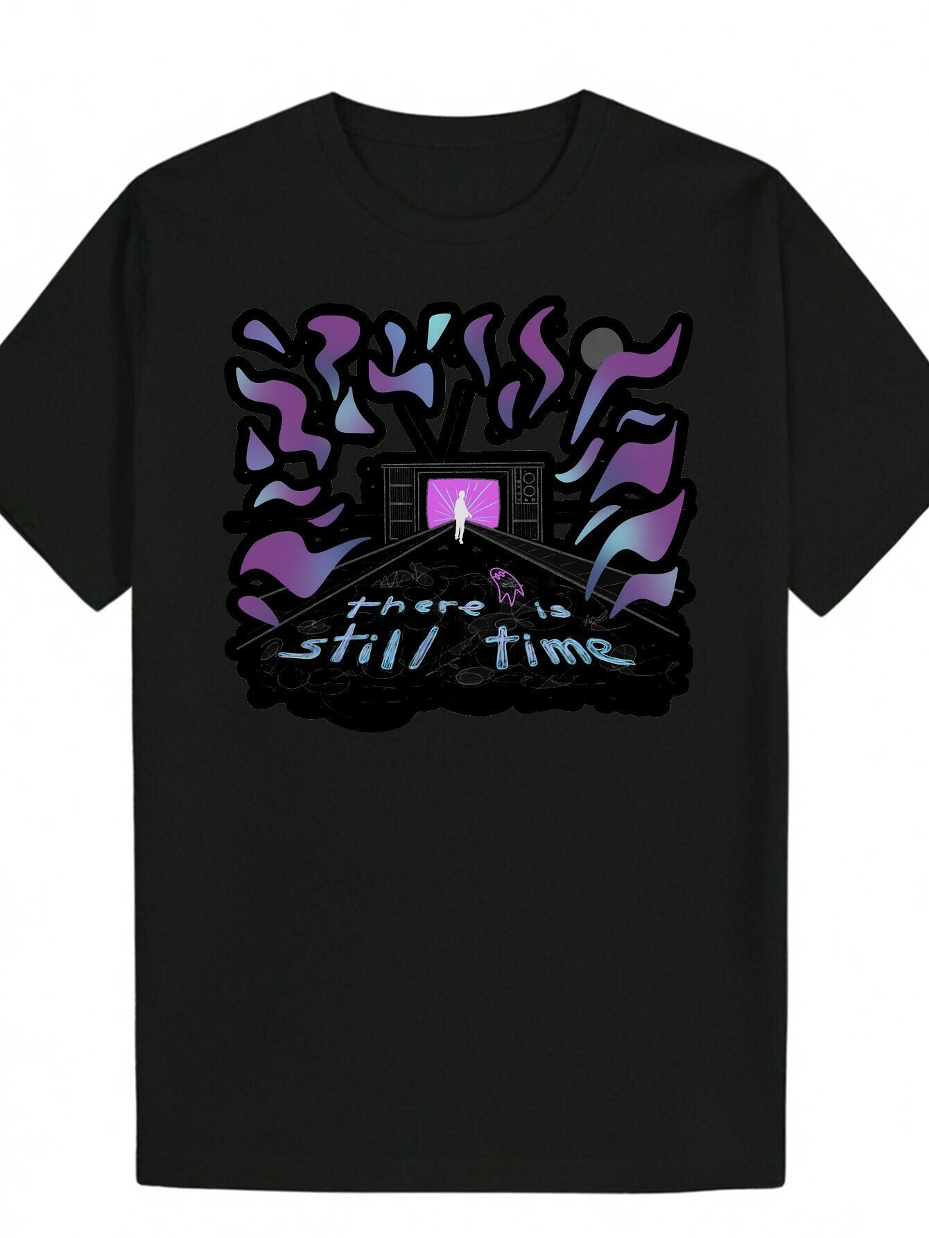 Men's Summer - Crew Neck, Polyester Fiber, Featuring "Still Time" Design, Dark Background with Purple and Pink Flames, Perfect for Wear