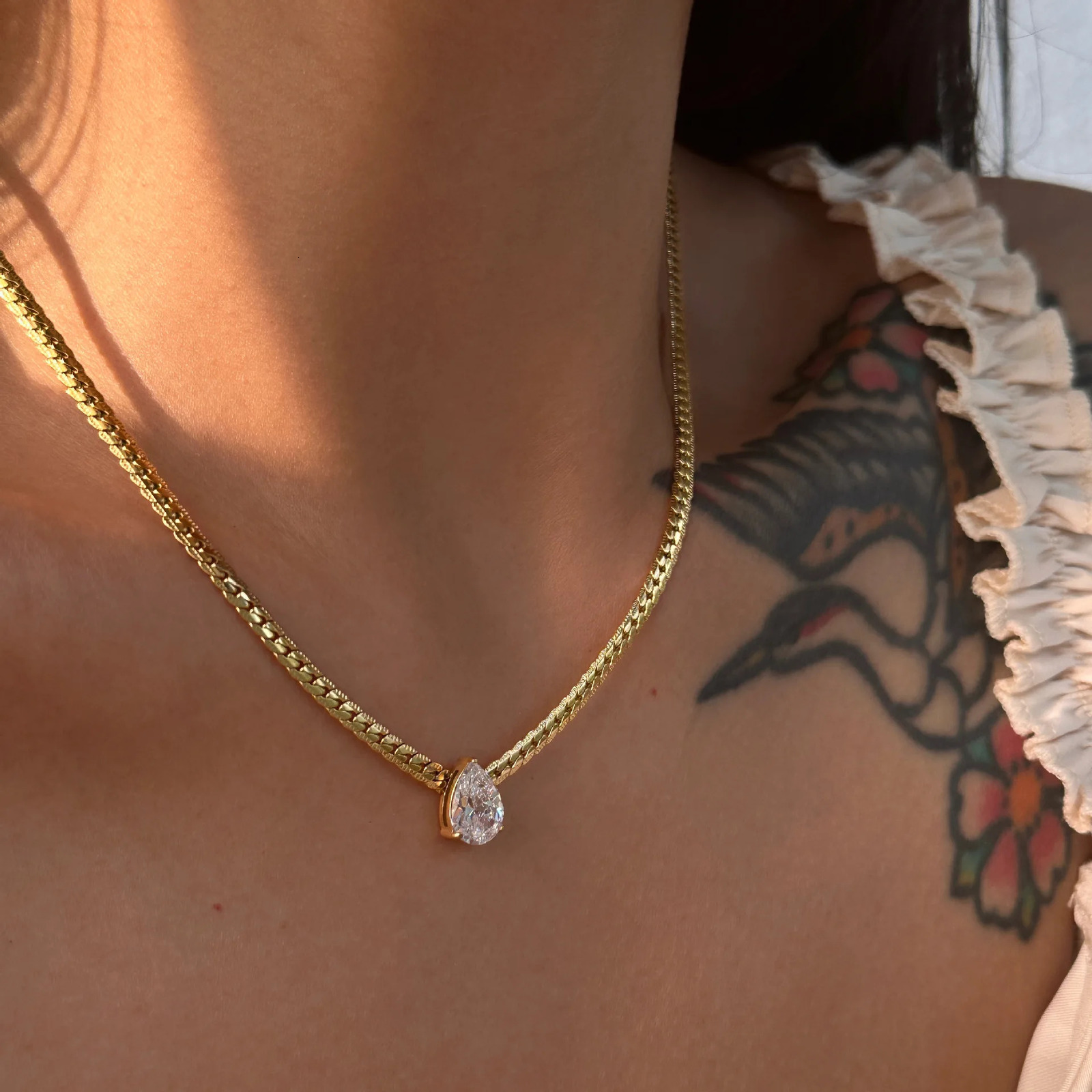 Arrival 18k Gold Plated Waterproof Stainless Steel Waterdrop Droplet Shaped Zircon Pendant Chain Necklace YF4036 250729