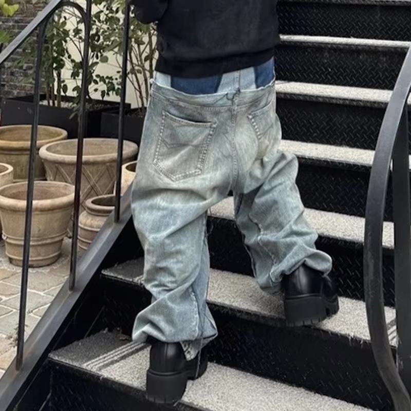 MIJKO CUT-UP Double-layer Double Waist Patchwork Baggy Jeans for Men and Women Straight Casual Loose Denim Trousers Oversized