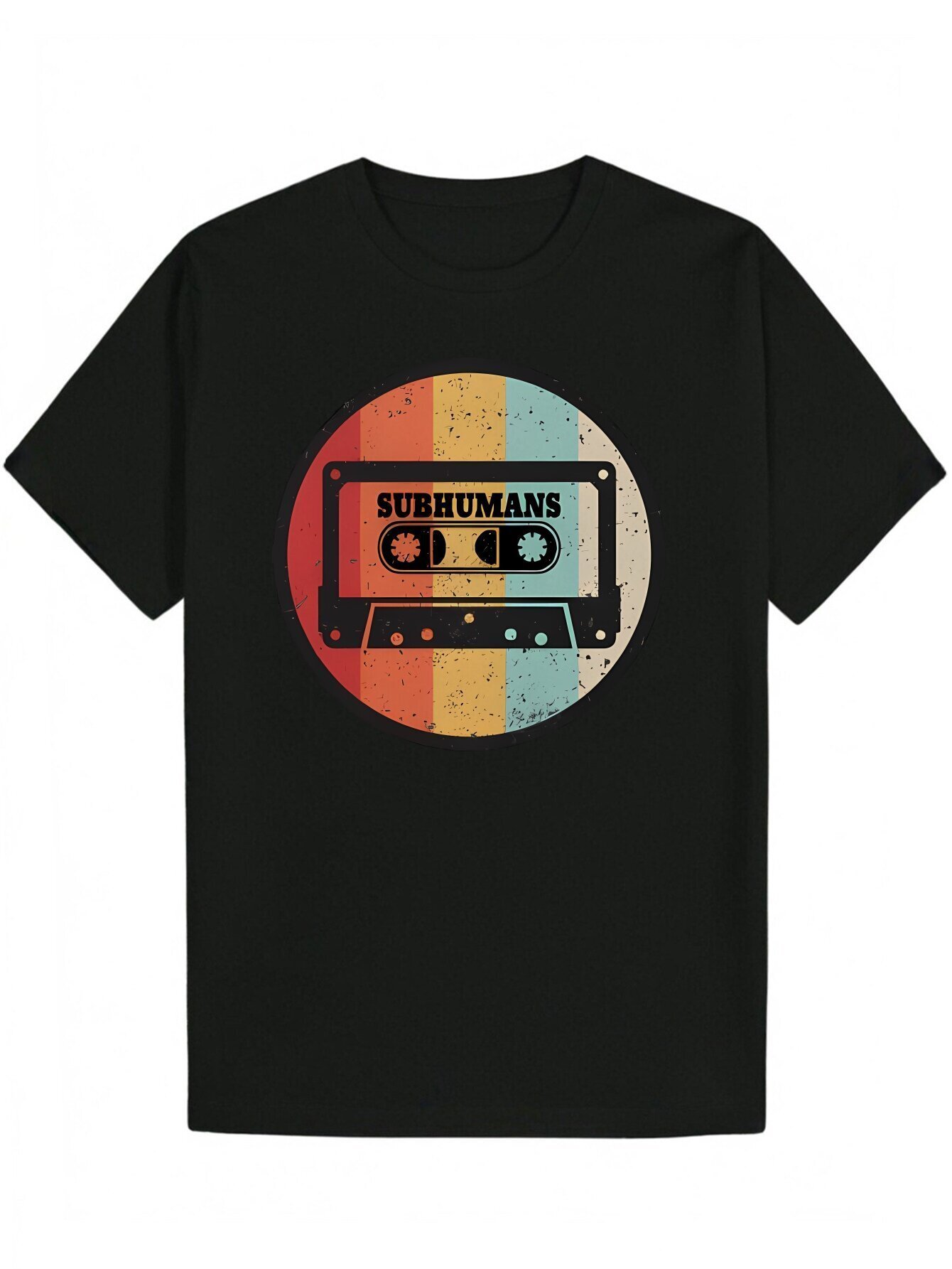 Men's SUBURBANS Cassette Tape Pattern - Black Crew Neck, Summer Casual Polyester T-Shirt, Design, T-Shirt