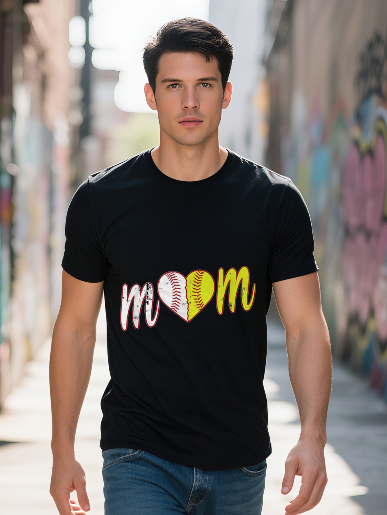Men s Softball Mom Graphic T Shirt Cotton Black with MOM Baseball Heart Design Crew Neck for Attire Sports Fan