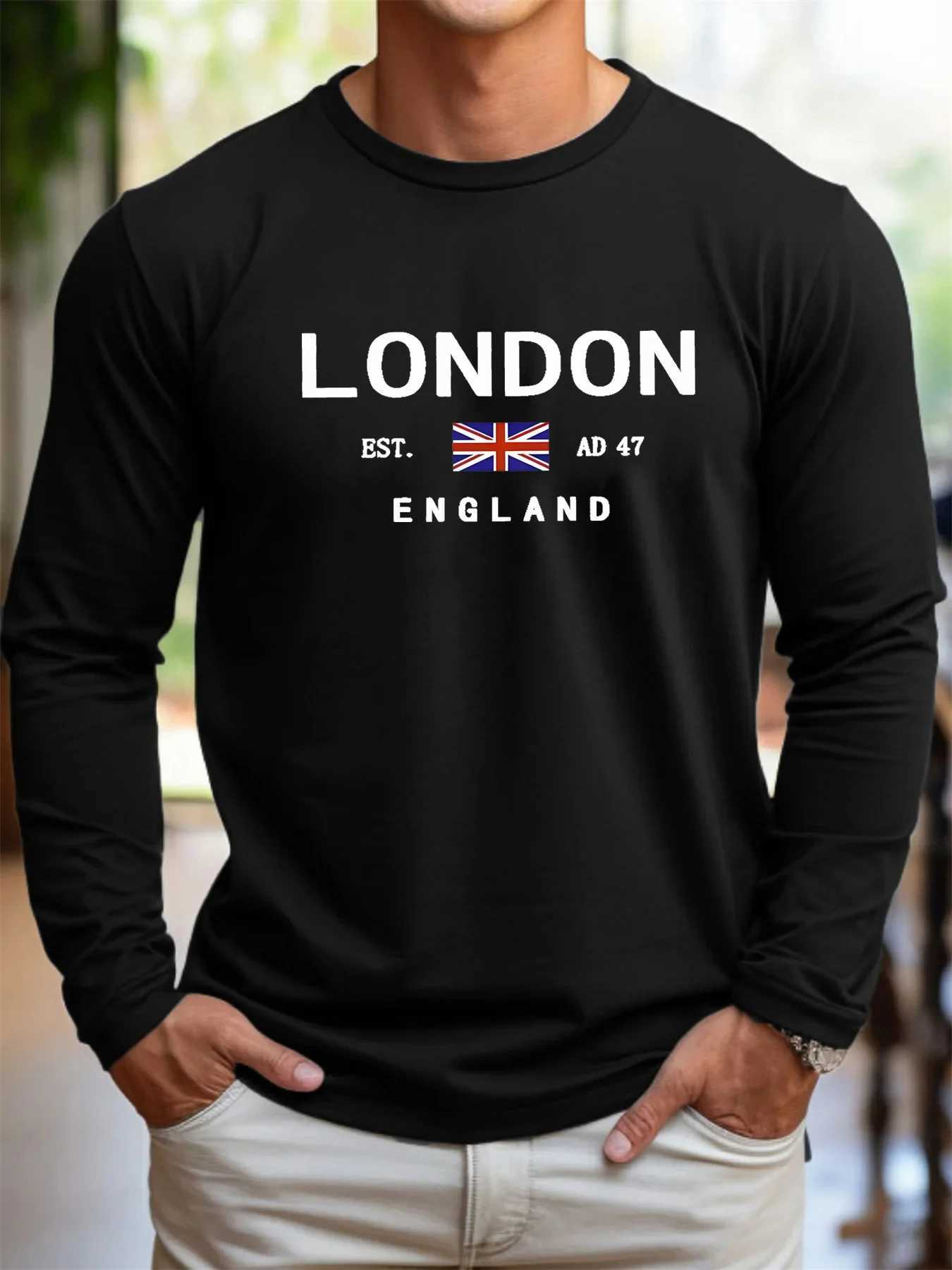 100% Pure Cotton Loose and Comfortable Sports Casual London English Letter Printed Round Neck Long Sleeve T-shirt Top X250802