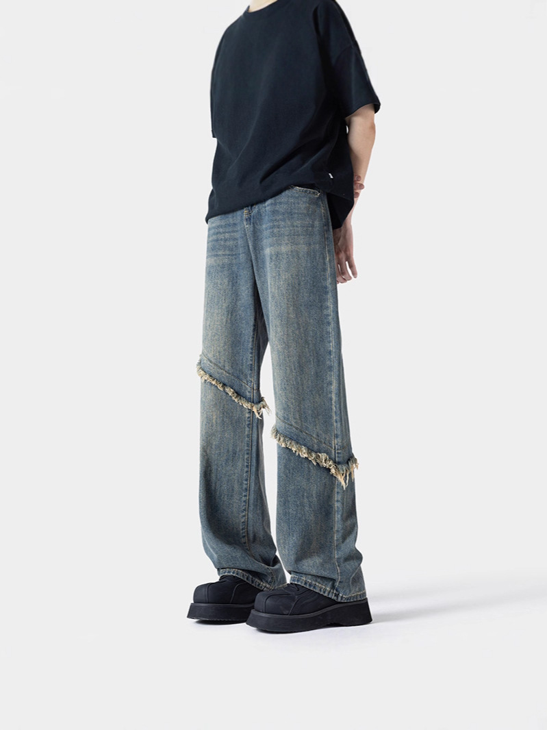 Relaxed-Fit Distressed Design Boyfriend Style Blue Jean Pants