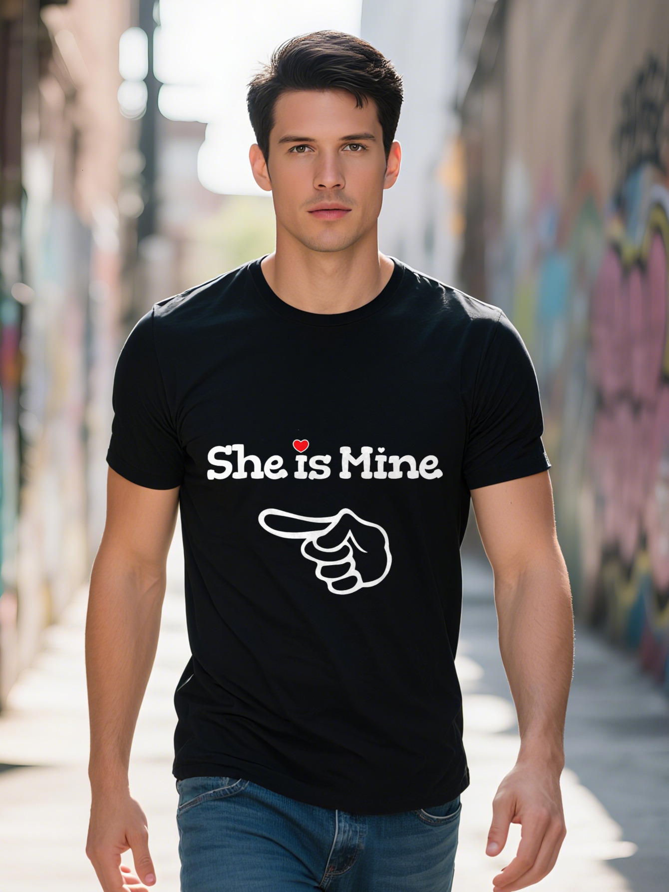 Men s She is Mine Graphic Tee Cotton Short Sleeve Crew Neck Casual Black T-Shirt with White Hand Red Heart
