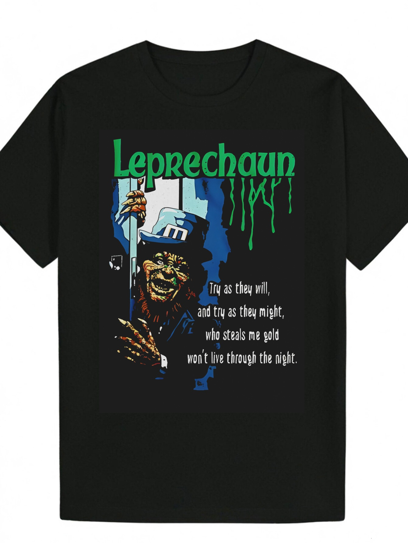 Men's Black Pattern Printed - Summer Round Neck Polyester T-Shirt with Vibrant Fairy Design and Bold Font, Machine Washable, Suitable for Casual 