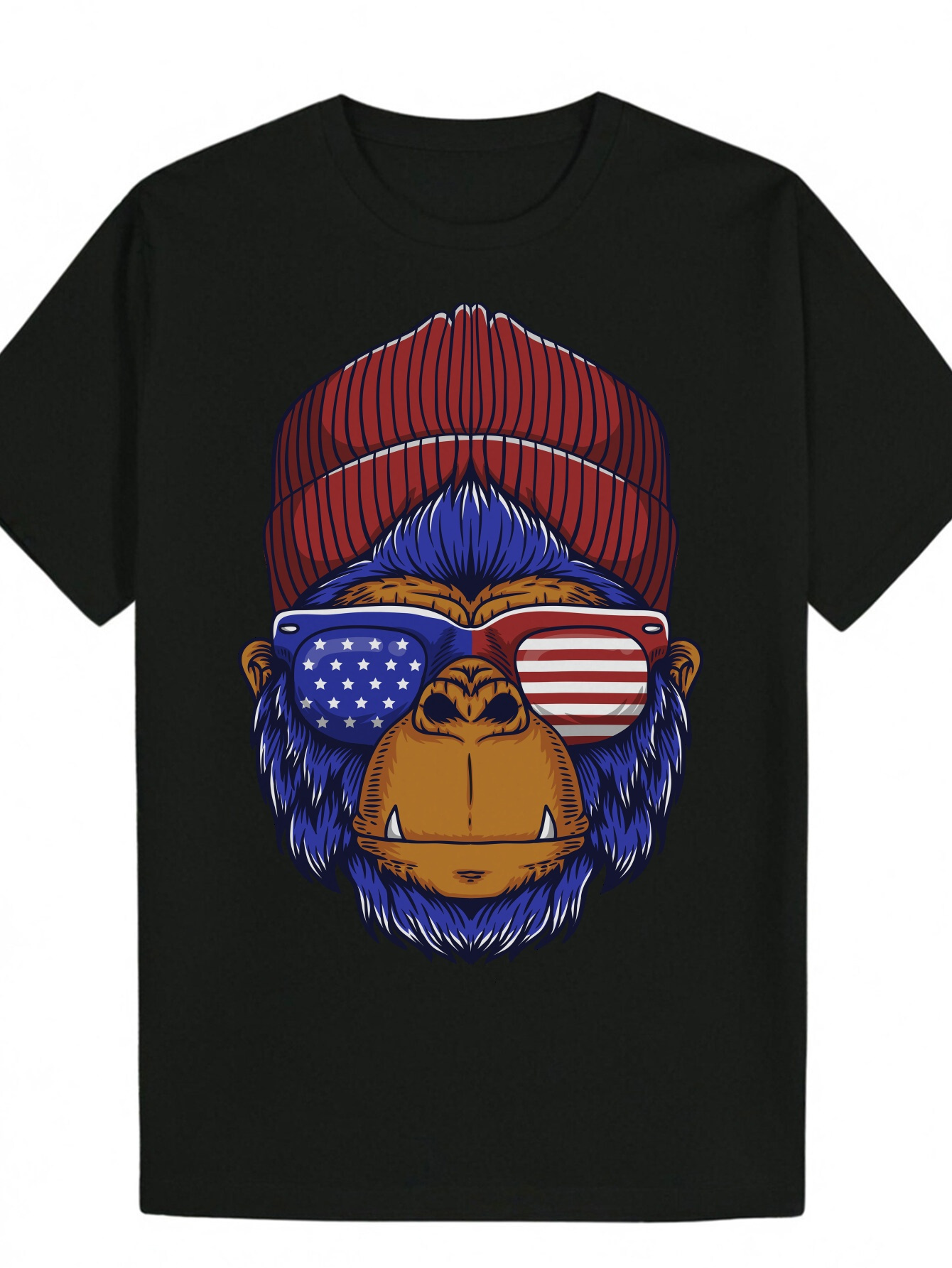 Men's Summer Casual Crew Neck T-Shirt - Lightweight Polyester, Black, with Patriotic Gorilla Print, Short Sleeve, Machine Washable, Regular Fit