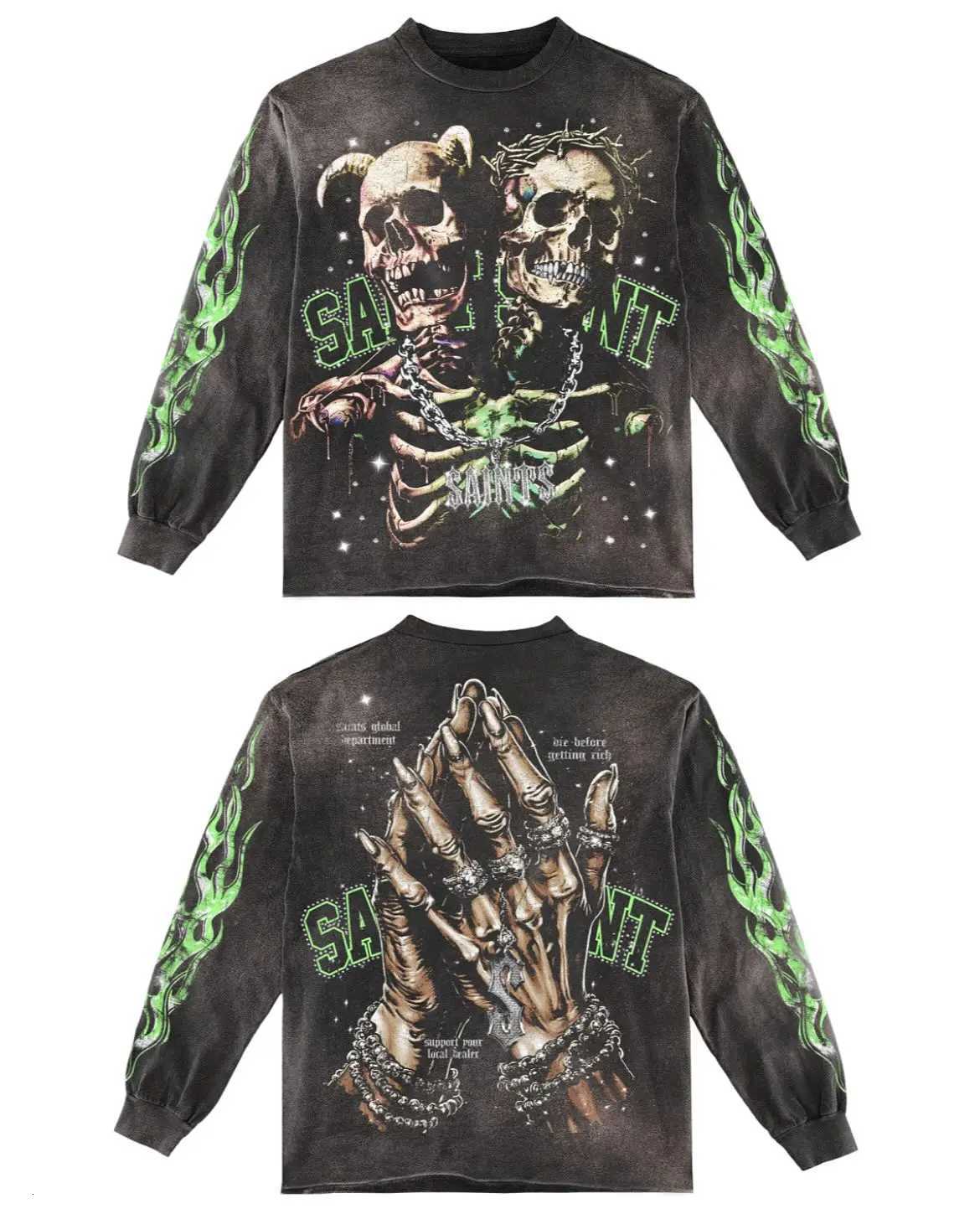 Skull Grn Flame Graphic T Shirts Y2K Streetwear Men Oversized T Shirt Vintage Harajuku Crew Neck Black Cotton Long Sleeve Tops X250802