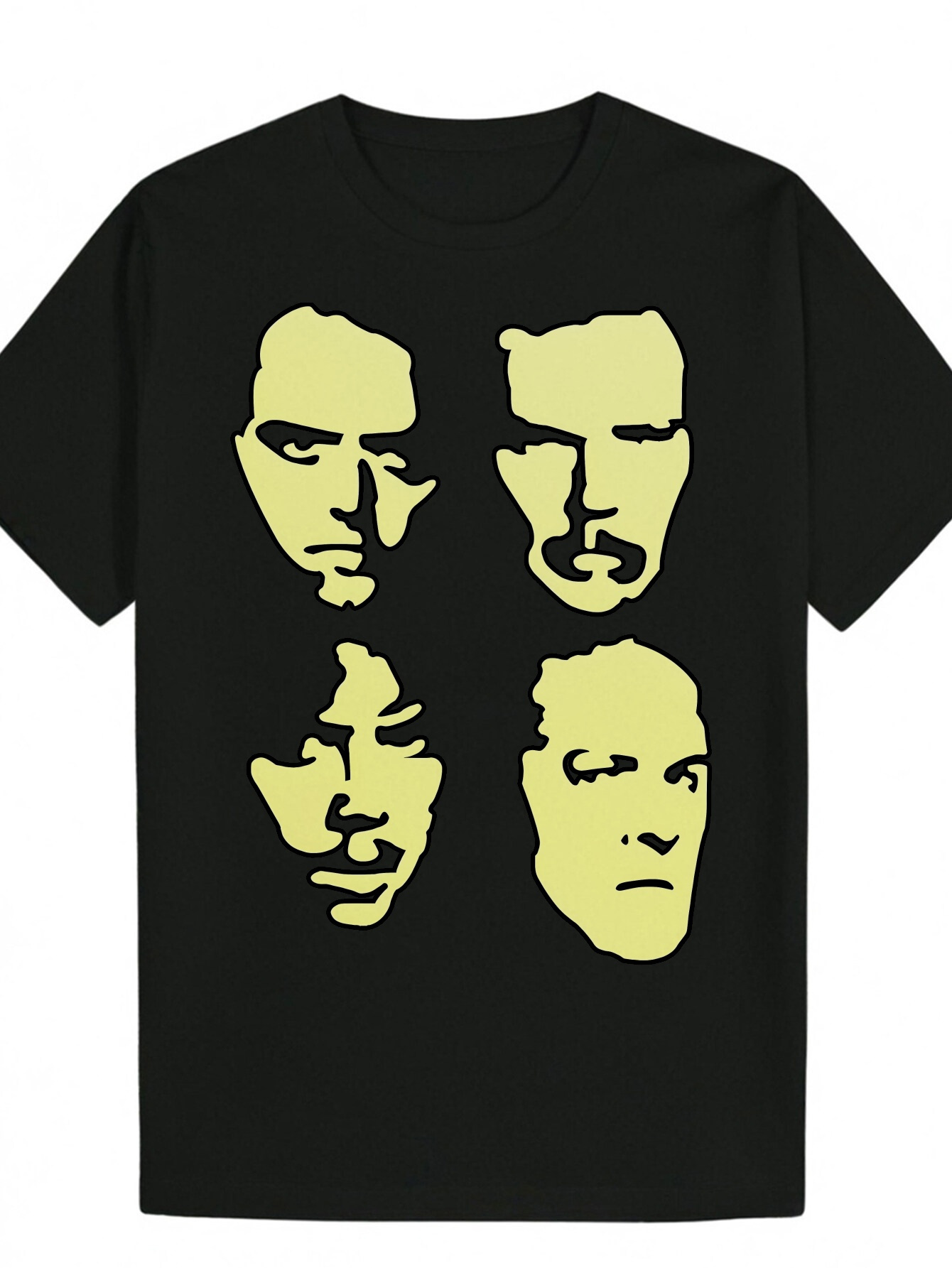 Men s Black Summer Pattern Round Neck Polyester T Shirt with Eye Catching Yellow Portrait Print Machine Washable Suitable for Casual Wear