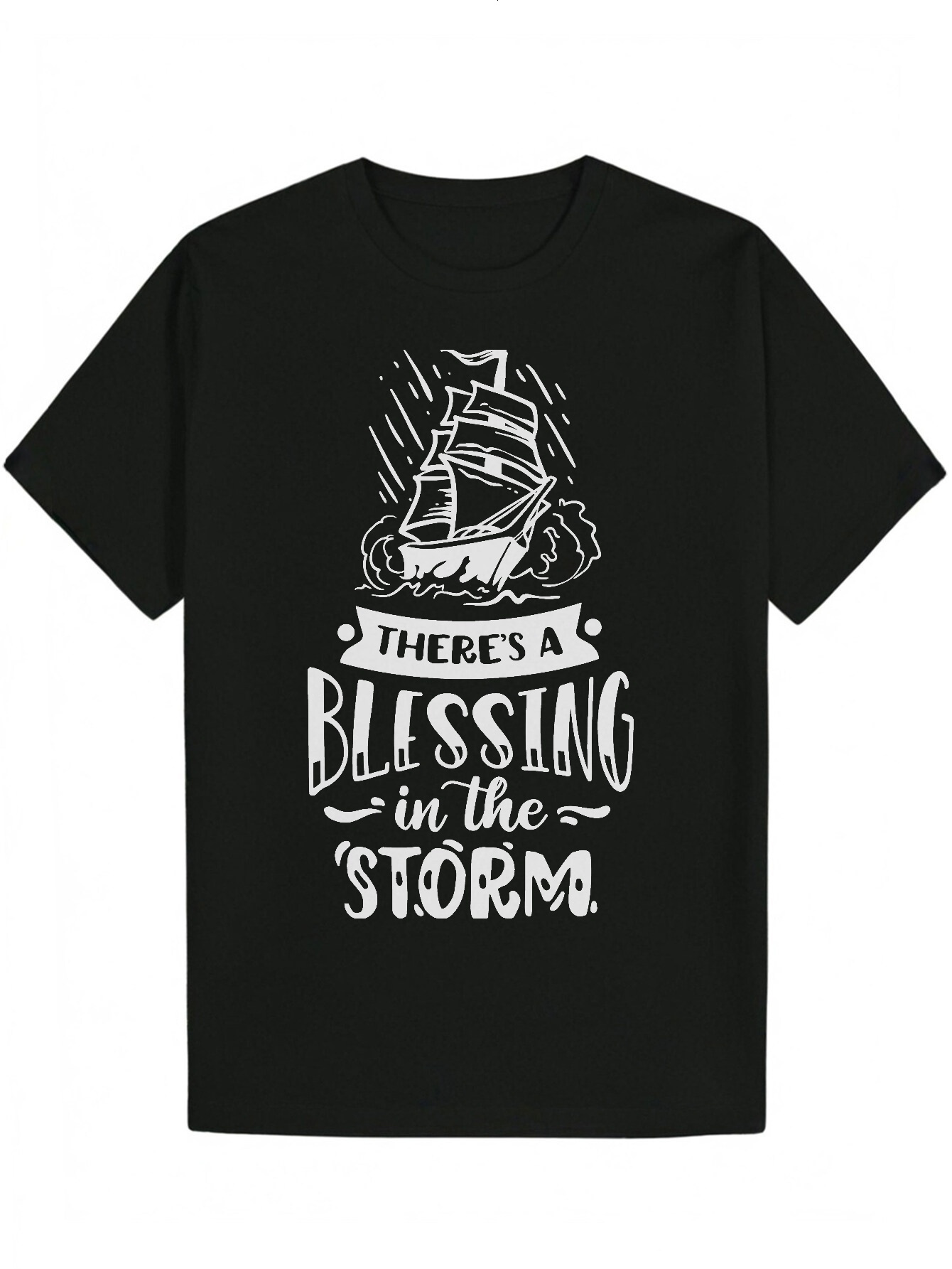 Men's Summer Pattern T-Shirt - Black Sailboat and Storm Quote Design, 100% Polyester, Breathable Crew Neck, Machine Washable, Regular Fit, Cruise