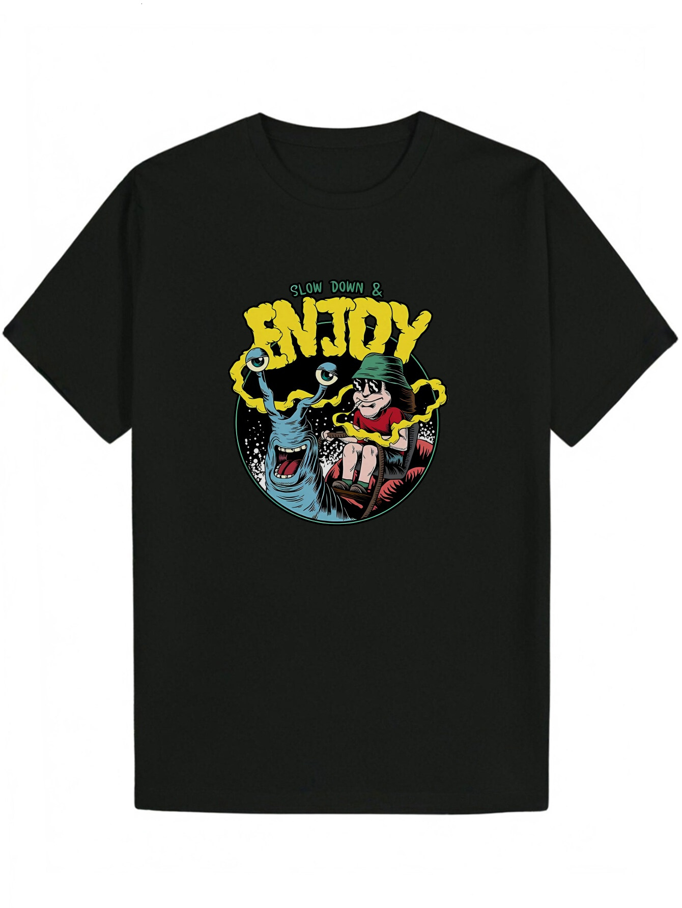 Men's Summer Round Neck Polyester T-Shirt with 'Enjoy' Pattern and Cartoon Character Design - Black Regular Fit Machine Washable T-Shir