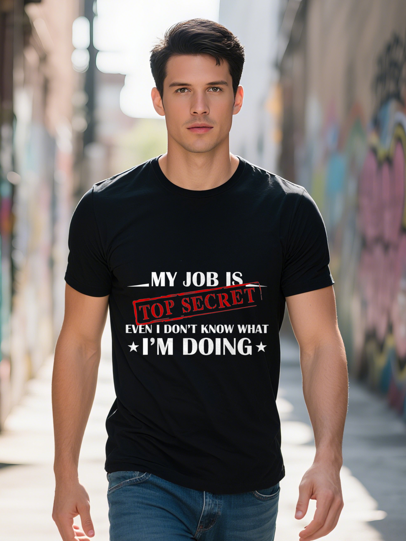 Funny "My Job Is Top Secret" Men's Humorous - 100% Cotton, Short Sleeve, Crew Neck, Sarcastic Design, Black and White Text, Perfect for