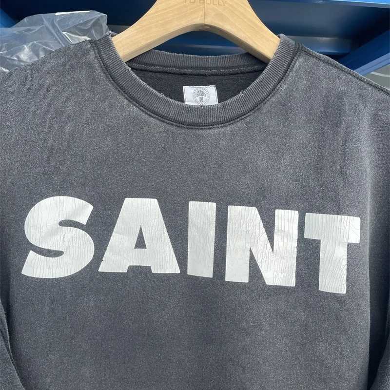 Casual Men Women Cracked Letters Printing Best Quality Saint Sweatshirt Vintage Washed Black Loose Cotton Long Sleeve Pullover X250802