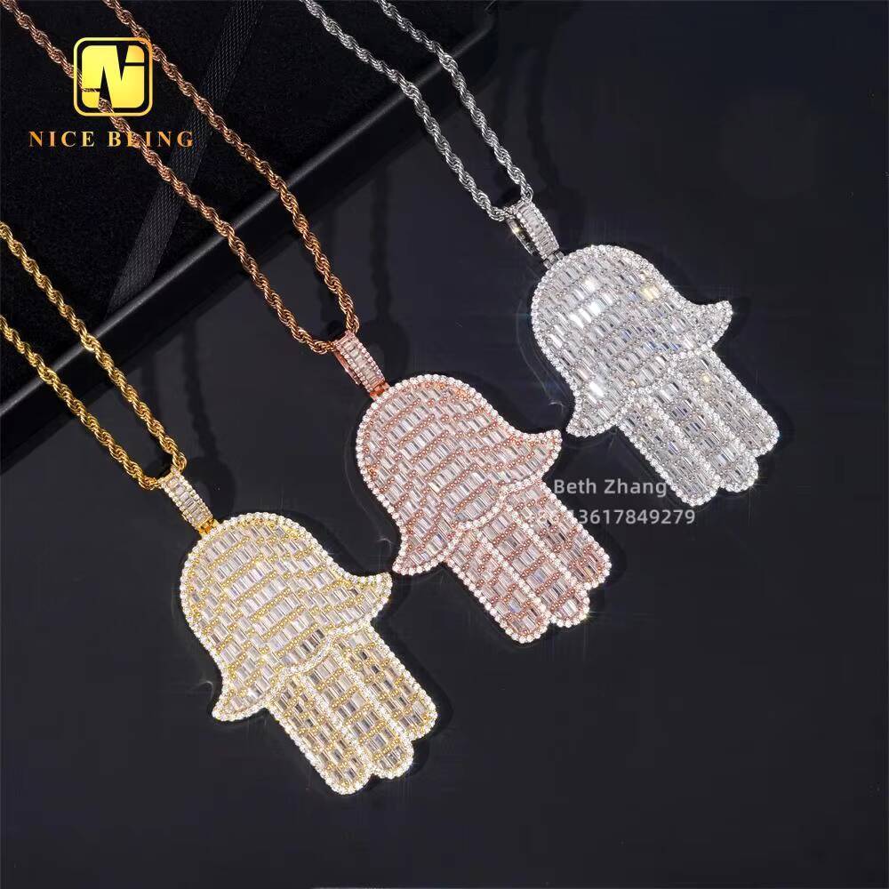 3Inch Hand Shaped Pendant Hip Hop Baguette Cut CZ Diamond Iced Out Hamsa Hand Pendant Men Brass Jewelry