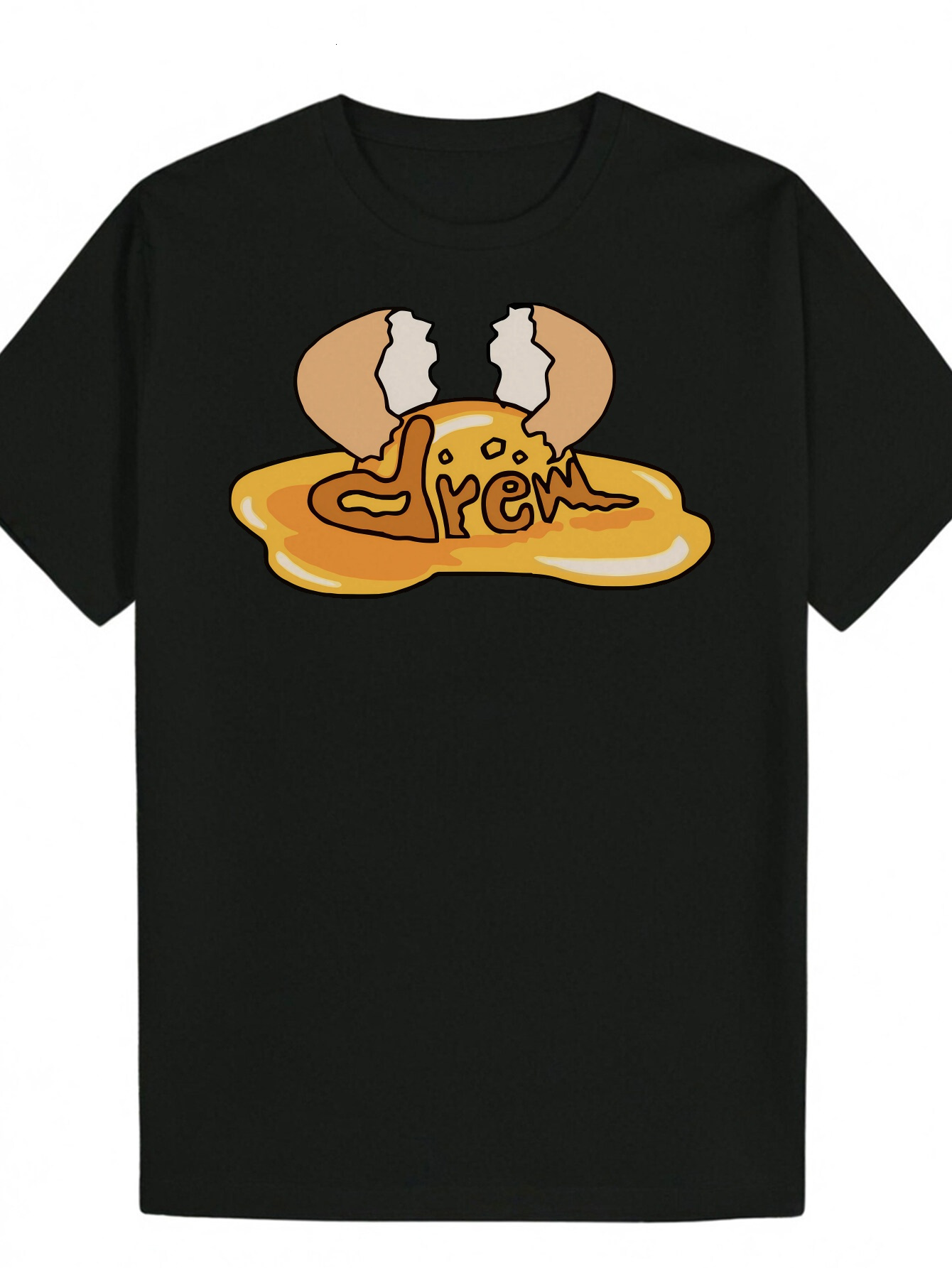 Men's Black Summer Pattern - Round Neck Polyester T-Shirt with "CREW" Print Fried Egg Design, Machine Washable, Lightweight and Breatha