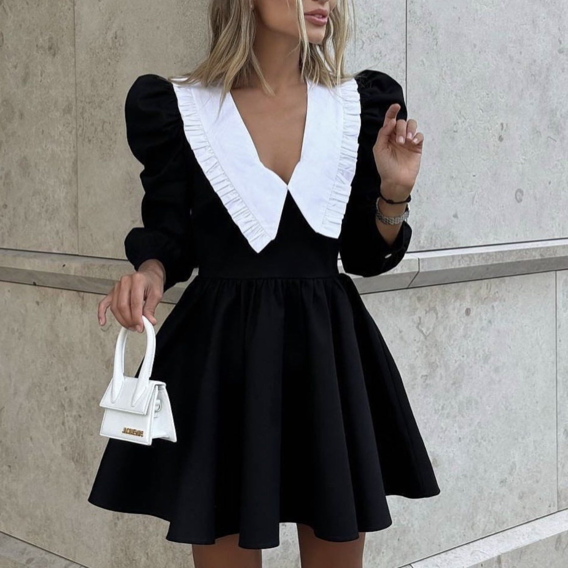 Summer 2025 fashion French style black and white contrast doll collar long trend sleeved short skirt elegant A-line dress new designer dress