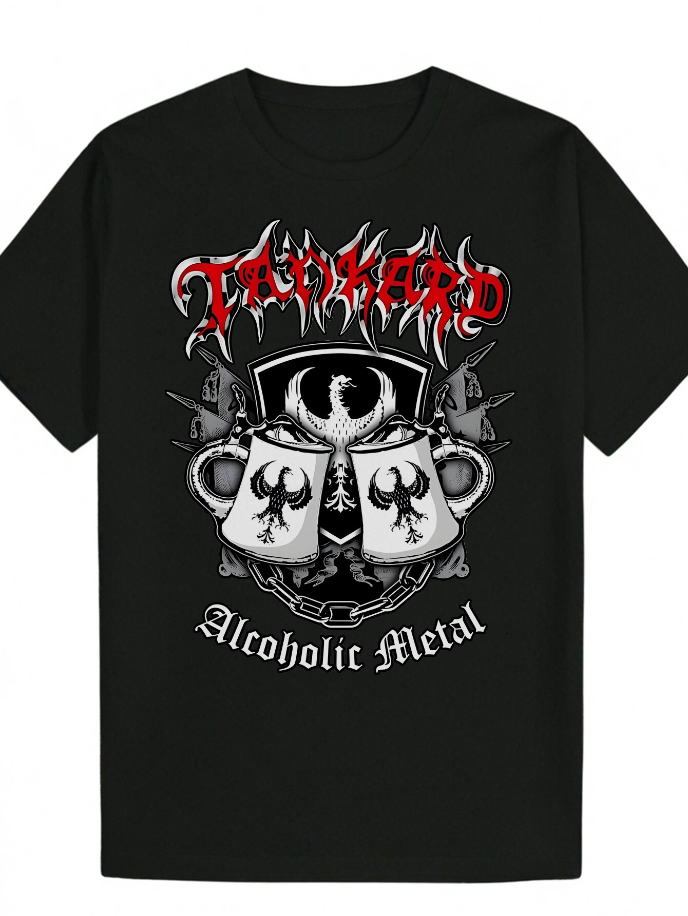 Men's Summer Crew Neck T-Shirt, "Traditional" Design, Black Polyester Fiber, Skull and Eagle Pattern, "Alcohol Metal" Text, C