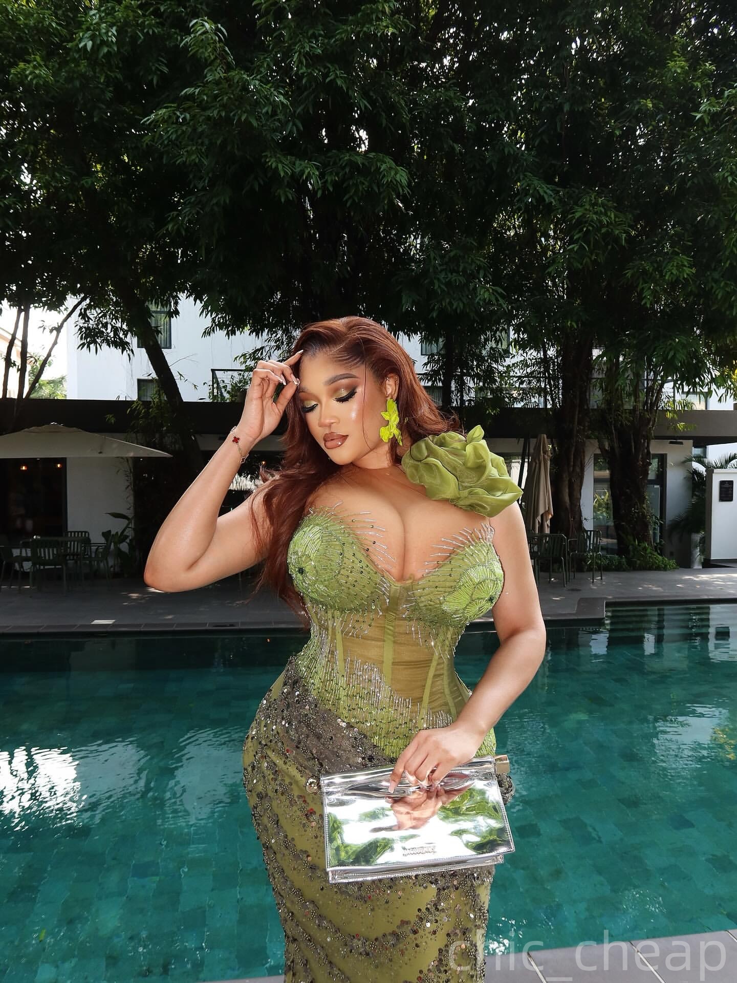 Mermaid Olive Green Prom Dresses 2025 Flower Beaded Sequined Evening Formal Party Second Birthday Engagement Gowns Plus Size Dress For Special Occasio