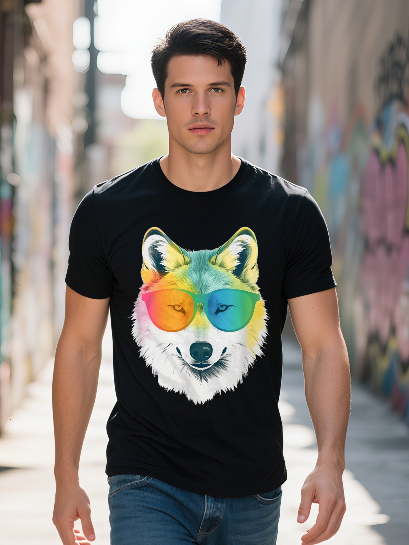 Men s White in Rainbow Glasses Graphic T-Shirt Cotton Black Casual Tee with Vibrant Wolf Design Short Sleeve