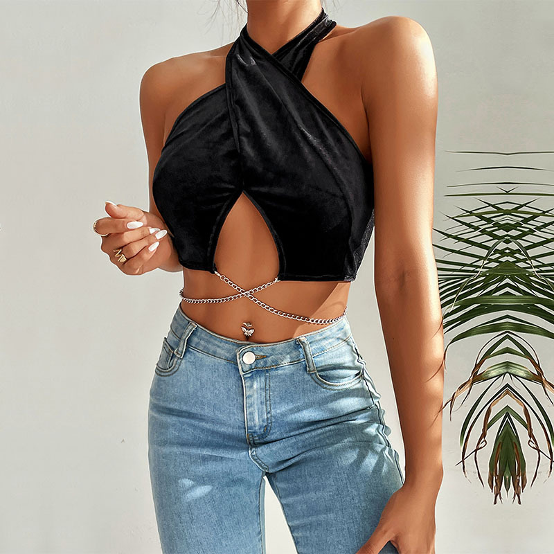 DW50010 Women's Tanks Camis Summer European and American Neck Hanging Vest Solid Color Sexy Women's Clothing Polyester Velvet Chain