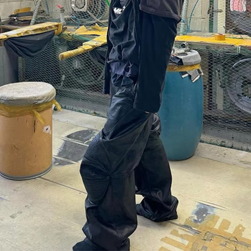 MIJKO Vintage Coated Wax Black Wide Leg Baggy Cargo Pants Men's Streetwear Cleanfit Pleated Casual Overalls Oversized Loose Trousers