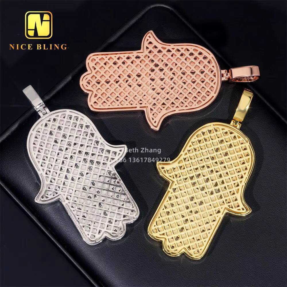 3Inch Hand Shaped Pendant Hip Hop Baguette Cut CZ Diamond Iced Out Hamsa Hand Pendant Men Brass Jewelry