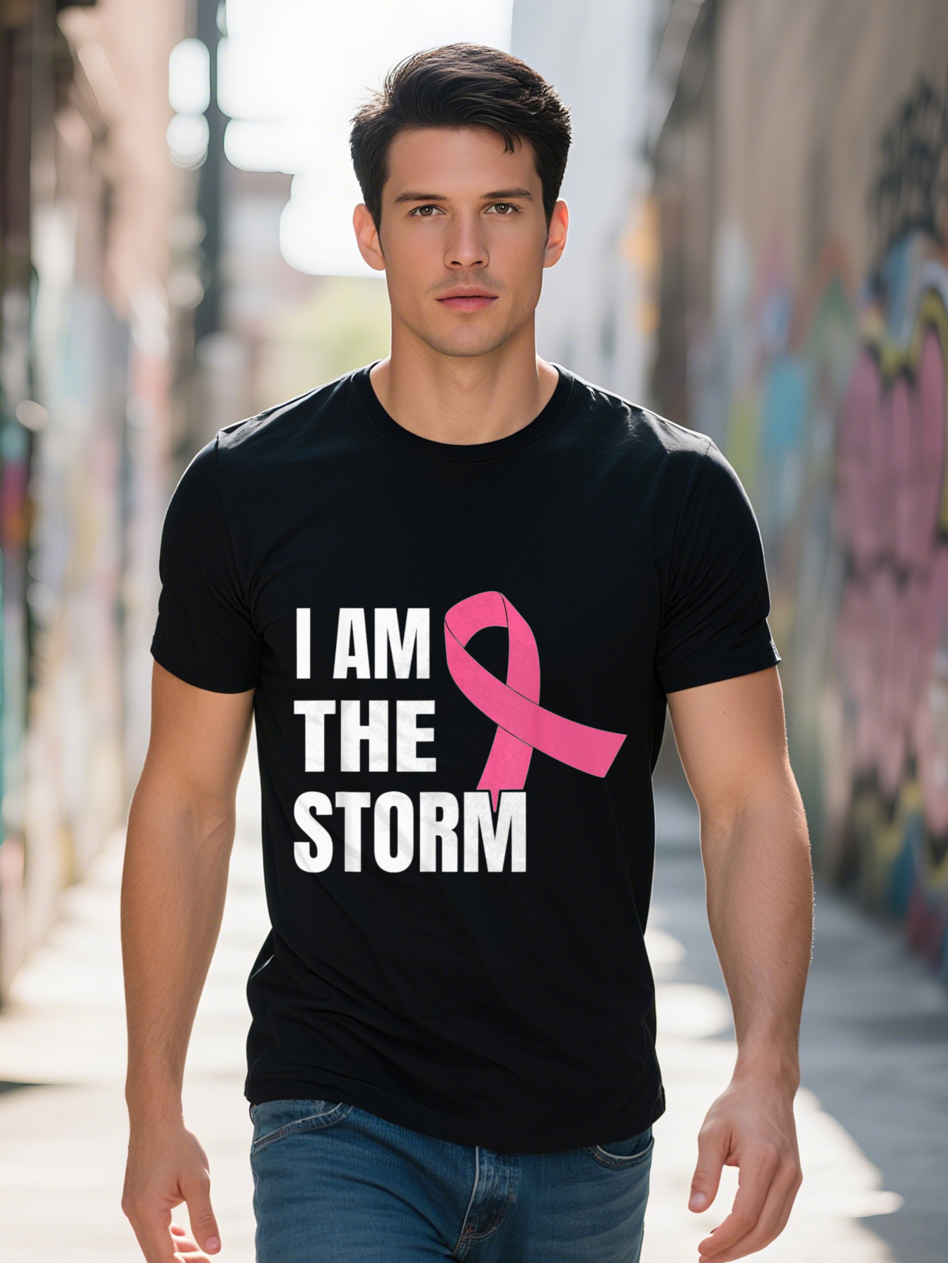 Men s T Shirt Pure Cotton Casual Crew Neck Short Sleeve Regular Fit with Pink Ribbon Graphic for