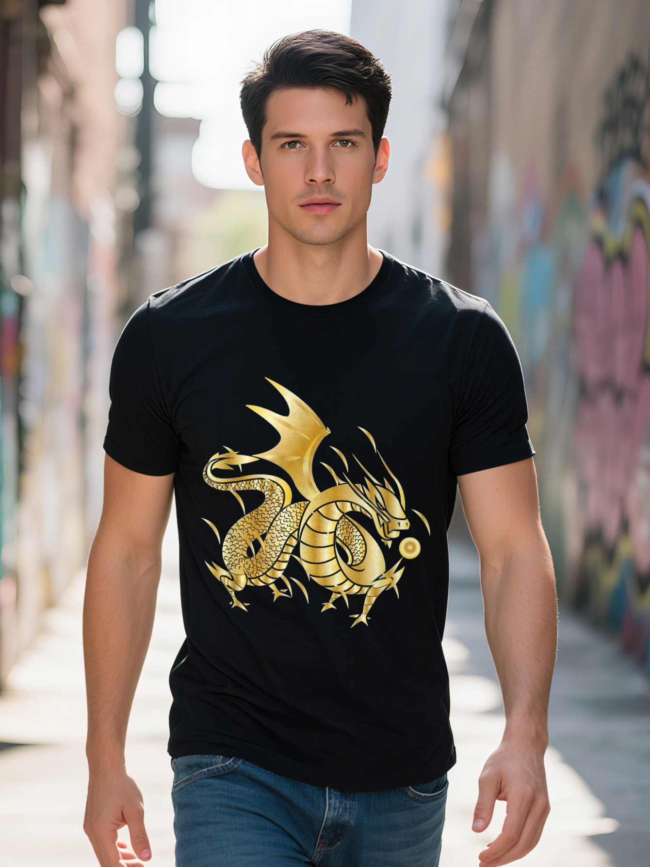 Men s Fearless Golden Graphic T Shirt Cotton Black with Striking Yellow Dragon Design Comfortable Fit Short