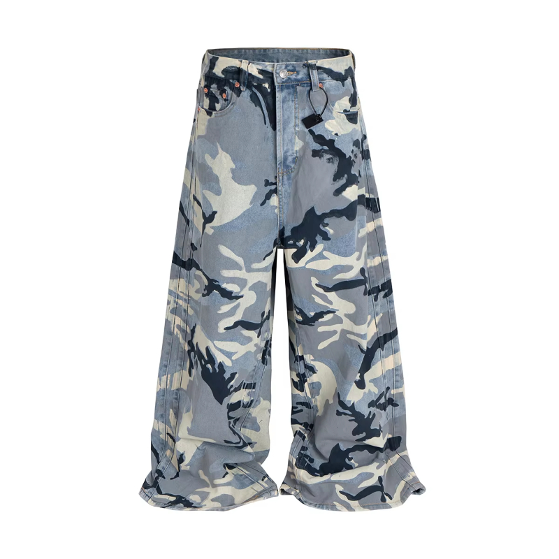 New Fashion Bigshape Snow Camouflage Jeans for Men and Women Wide Leg Casual Baggy Denim Trousers Patchwork Cargo Pants Oversize