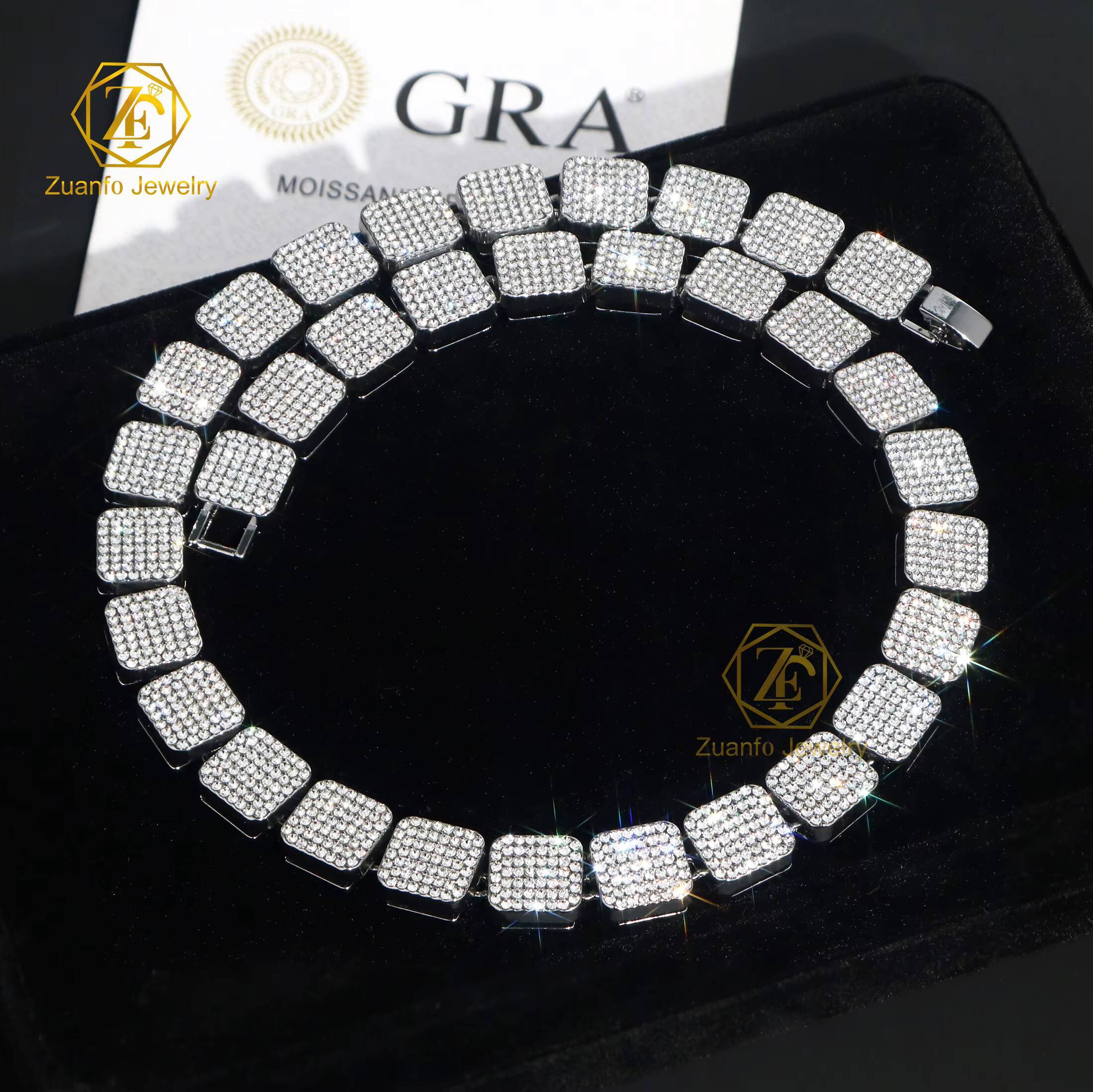 Latest Design Gra Certified Square Moissanite Necklace Ice Out Hiphop Jewelry 925 Solid Silver Moissanite Tennis Link Chain