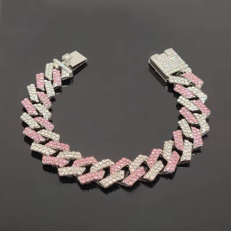 New Fashion Hip Hop 15mm Pink Diamonds Cuban Chain Gold Plated Zinc Alloy Cuban Link Chain Necklace for Men Jewelry Necklace