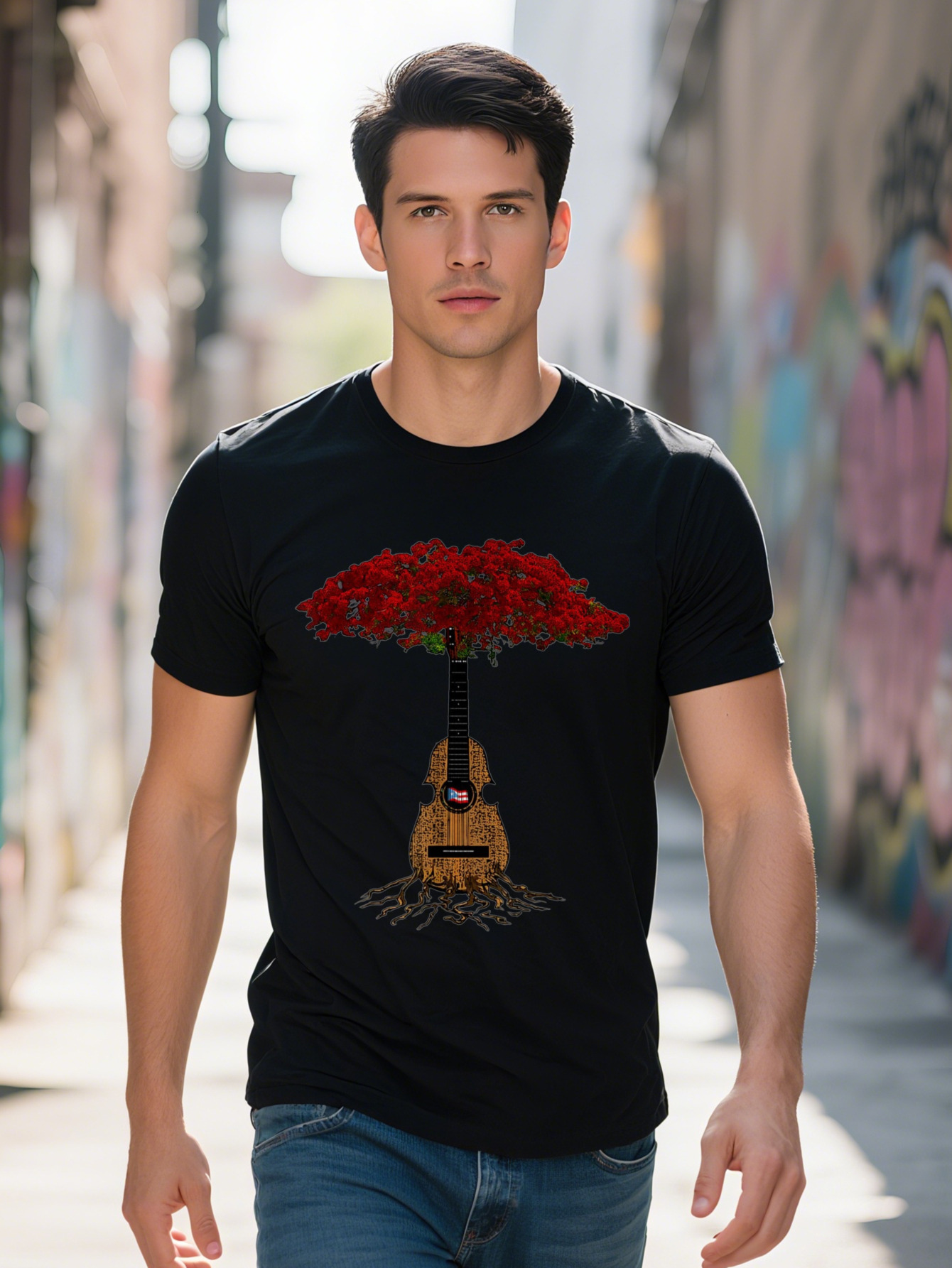 Men s Rican Cuatro T Shirt Cotton Black with Vibrant Tree Boricua Design Short Sleeve for Casual Attire Music-themed