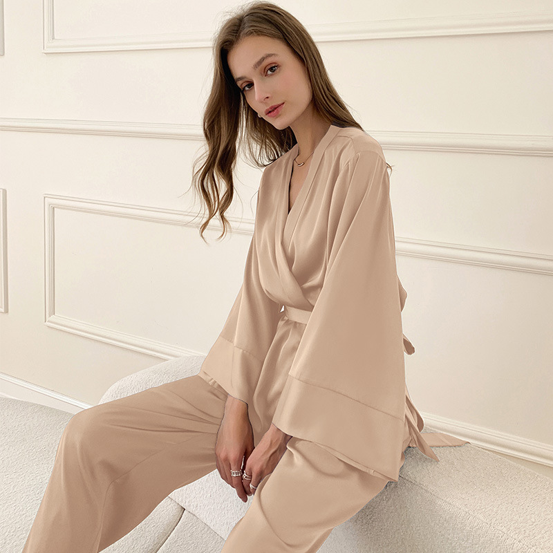 Women's long-sleeved satin chiffon pajamas, French-style ice silk home clothes long-sleeved top and long pants set