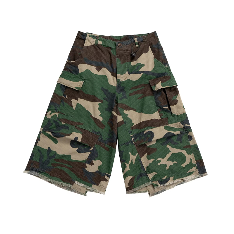 MIJKO Streetwear Camouflage Baggy Over Knee Cargo Shorts for Men Wide Leg Patchwork Casual Loose Trousers Summer Multi-pockets Short