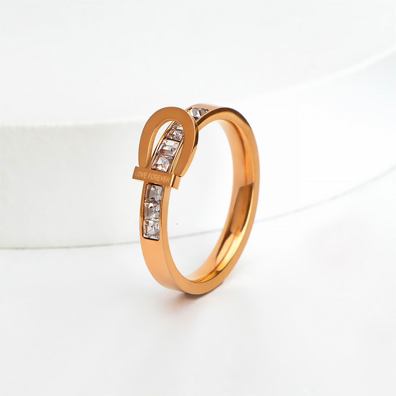 Rose Gold Tone Stainless Steel Open Band Ring with Diamond Embellishment, Preppy Style Korean Couple Engagement Ring