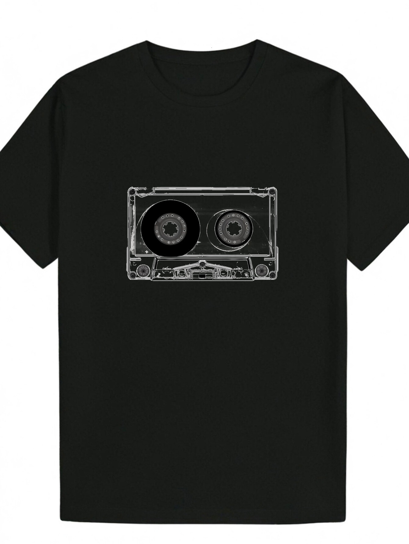 Men s Summer Casual Round Neck Polyester T Shirt Cassette Tape Pattern Design Short Sleeve Regular Fit Suitable for Adults Blac