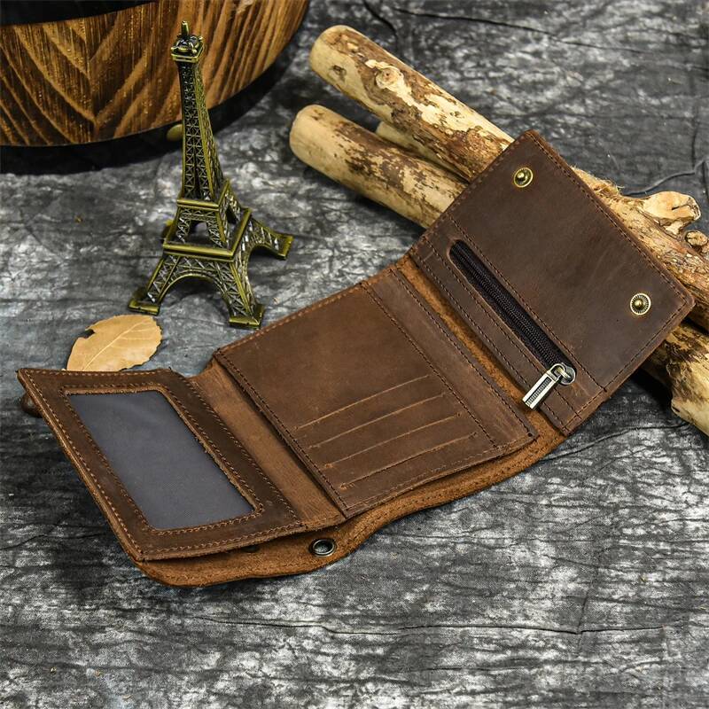Newest Designer Men Genuine Card Holder Short Purse Leather Wallet With Iron Chain Trifold