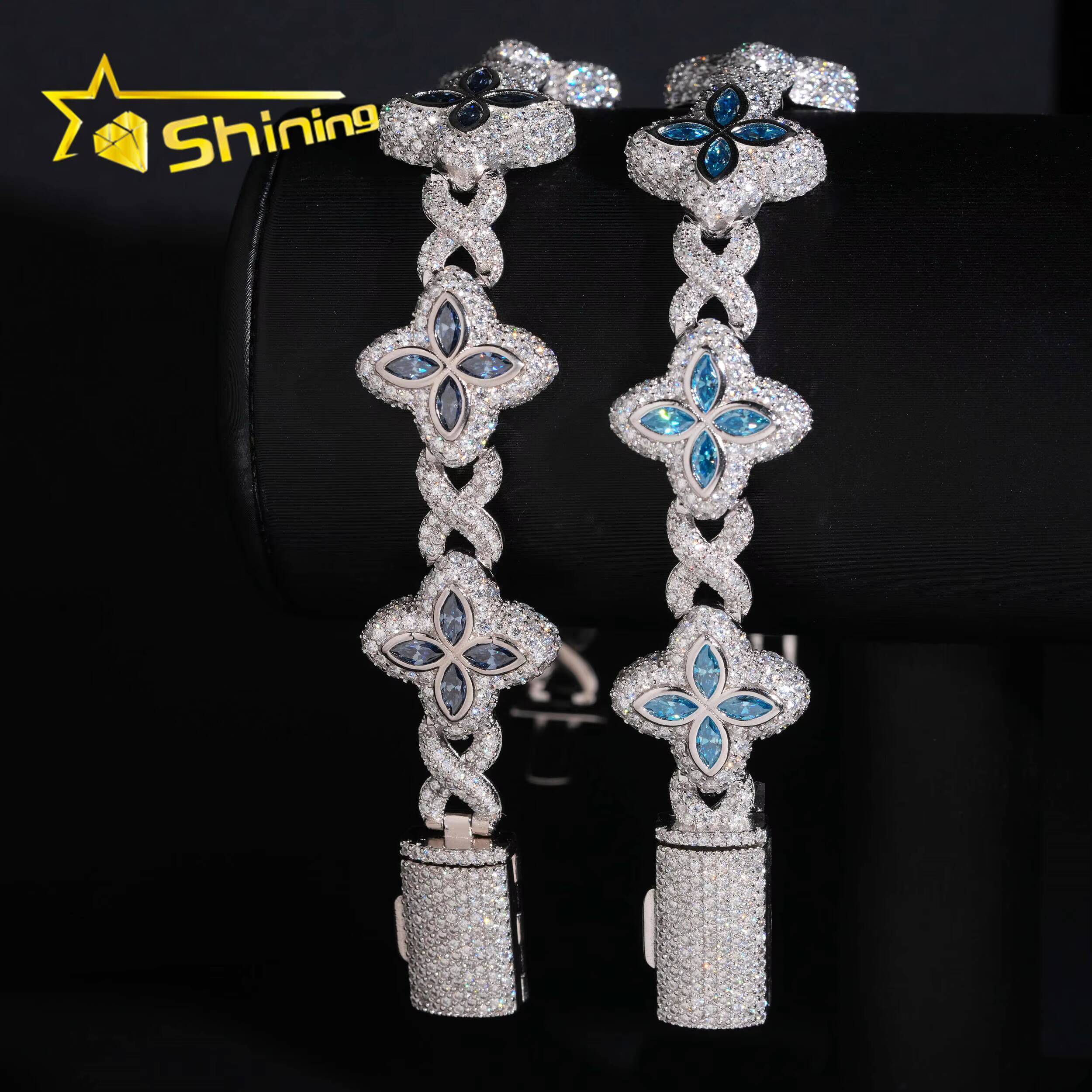 Hip Hop Jewelry 925 Silver 18mm VVS Blue Moissanite Clover Bracelet Custom Iced Out Moissanite Bracelet for Men Women