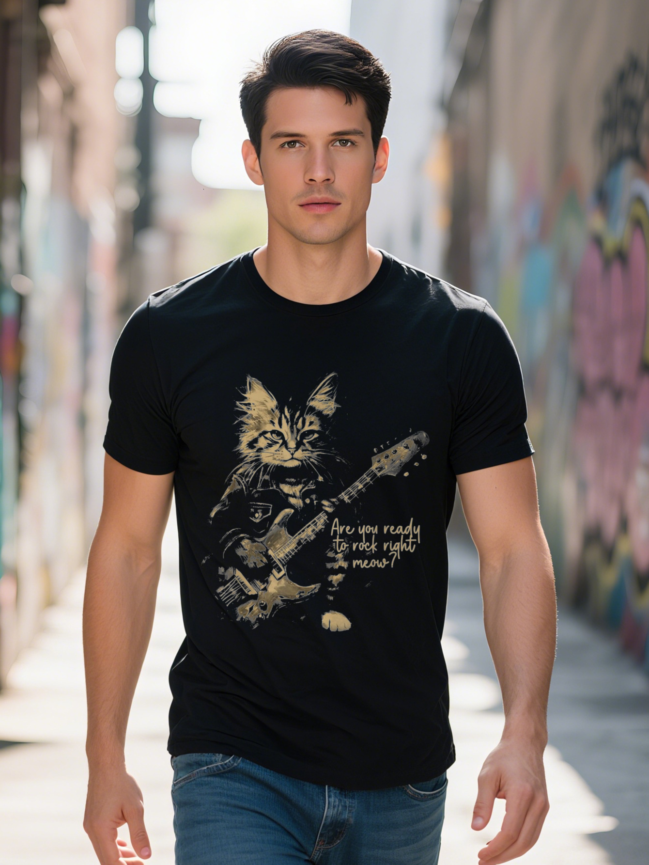 Men S T-shirt g Cotton Are You Ready To Rock Right Meow Vintage Cat Playing Guitar T Shirt