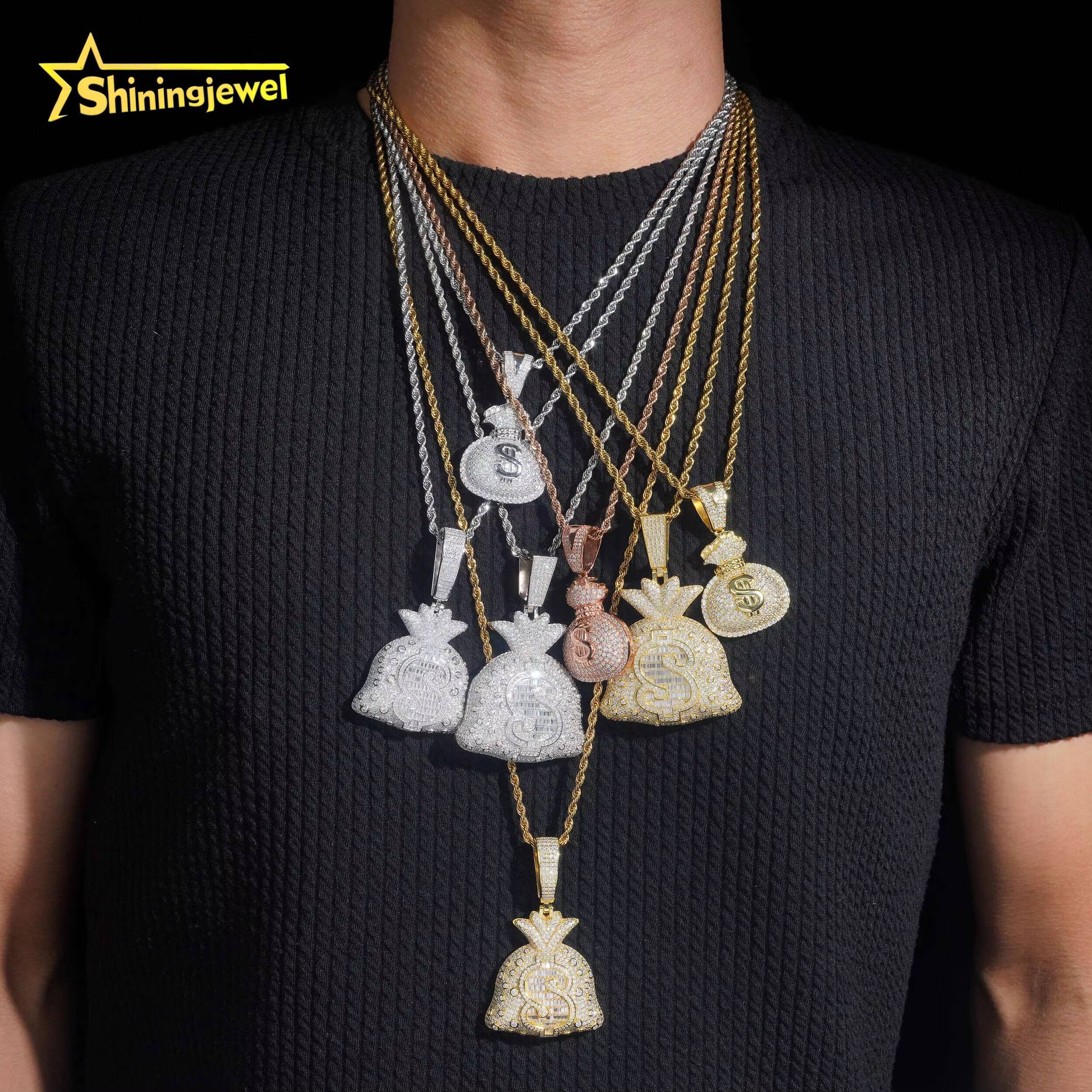 Hip Hop Style Pendant Necklace Sparkling 925 Sterling Silver VVS Moissanite Custom Money Bag Iced Out Pendant