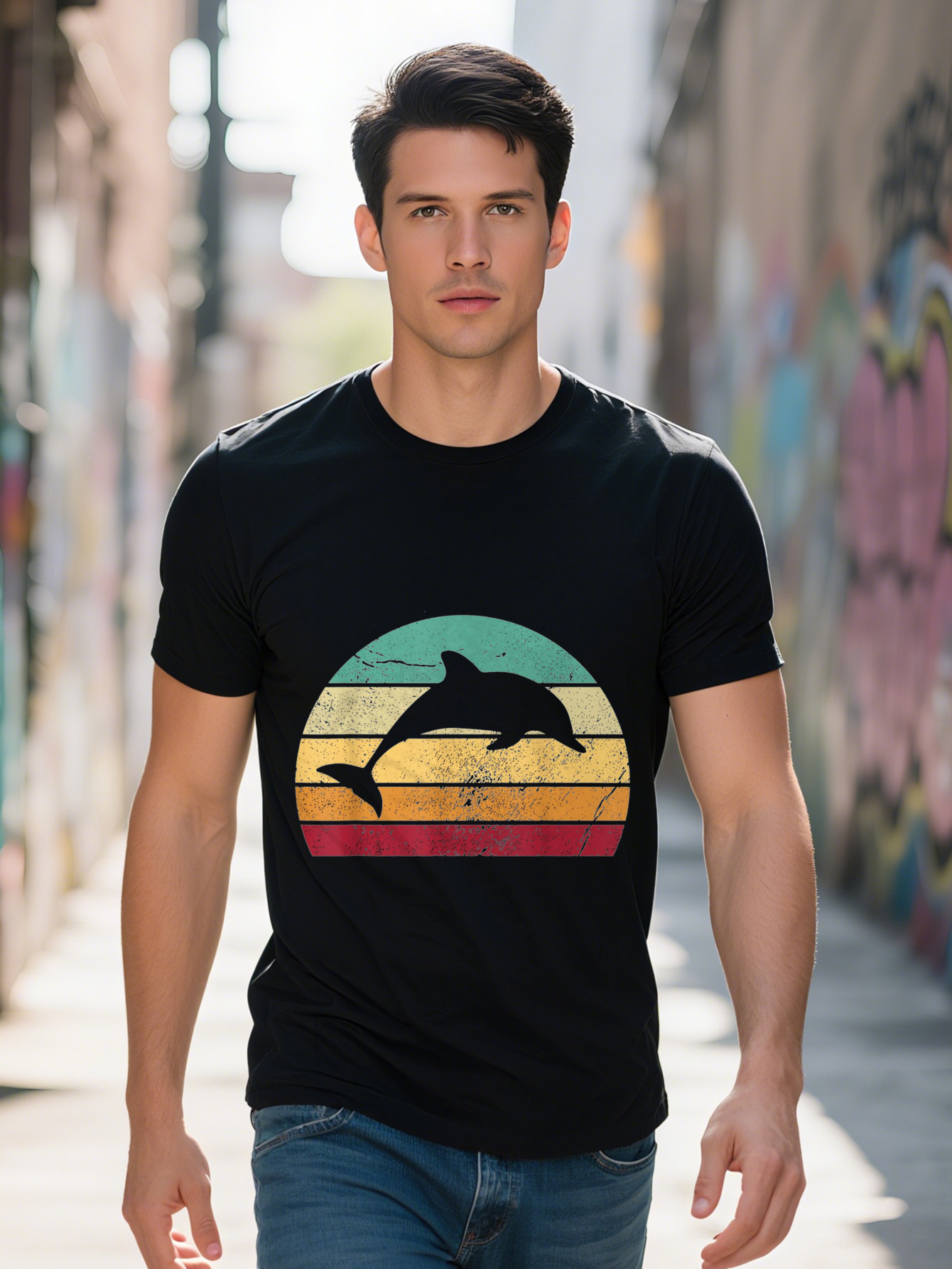 High Quality Men's Cotton T-Shirt Vibrant Dolphin Sunset Graphic Casual Short Sleeve Crew Neck Perfect