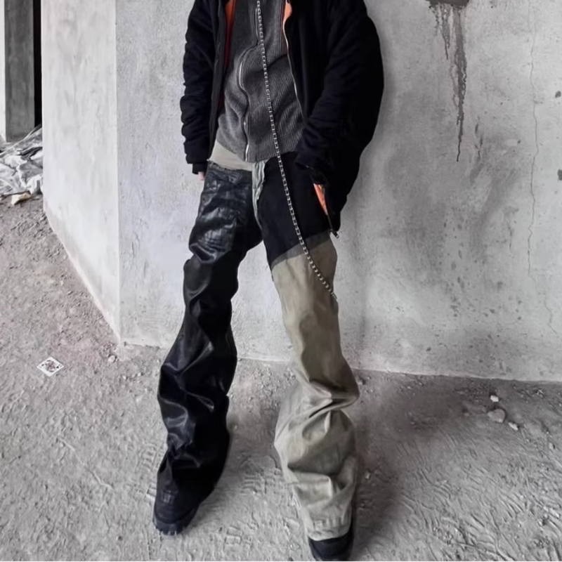 MIJKO RO Style Ribbons Patchwork Gradient Stacked Wax Pants Unisex Straight Streetwear Baggy Y2K Flare Jeans Oversized Loose Cargos