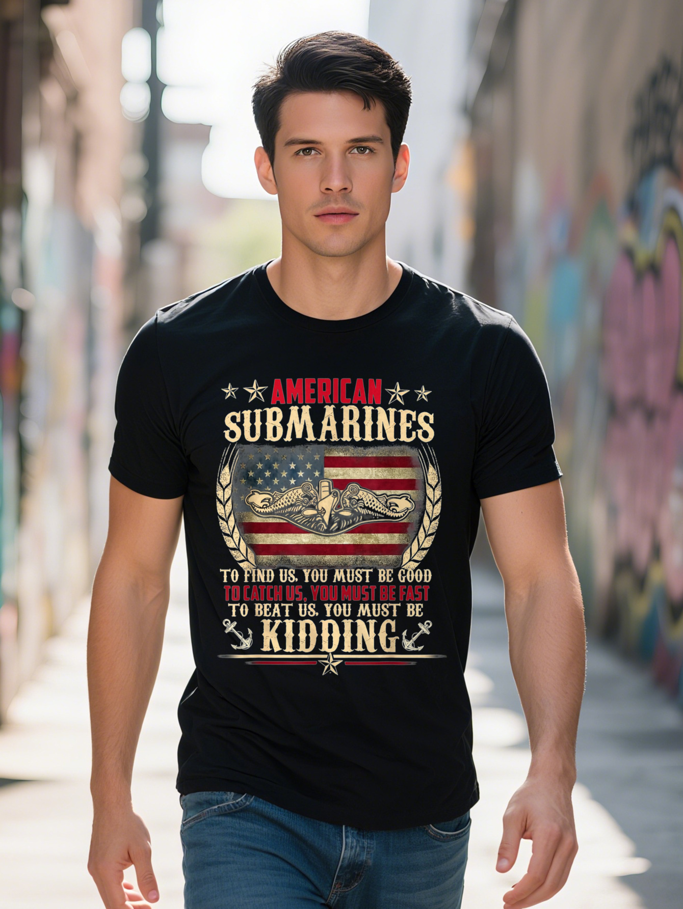 Veteran Submariner Tribute Men's T-Shirt Cotton Short Sleeve Crew Neck in Black with Patriotic American Flag