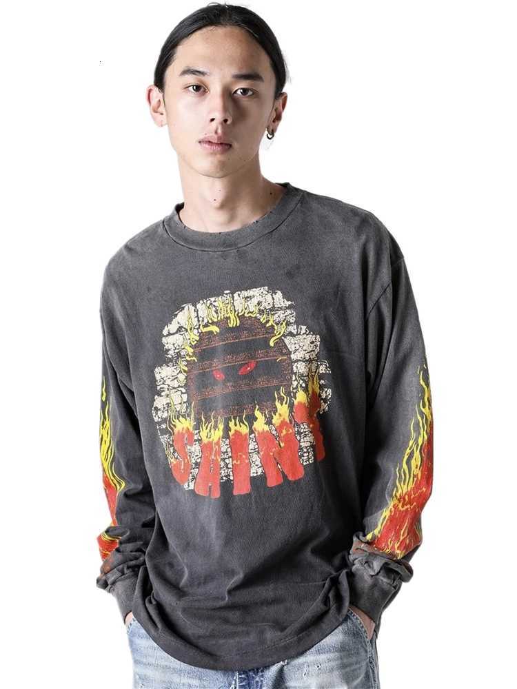Yao Fashion Saint Of Michael Flame Graphics Print Casual Vintage Streetwear Long Sleeve Men Clothing Oversize Baggy Men T Shirt X250802