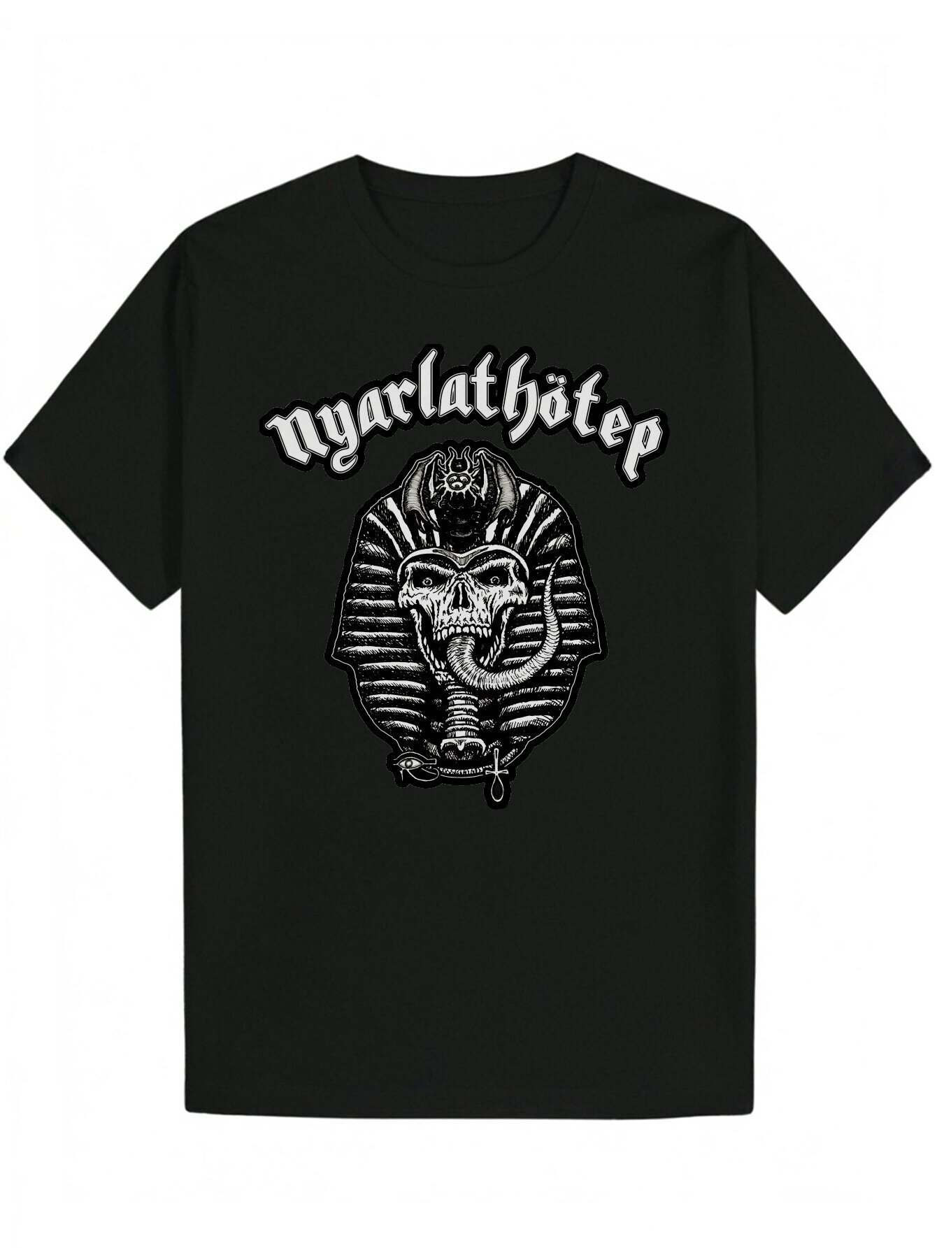 Egyptian Anubis and Skull Pattern - Short Sleeve T-Shirt with Black Humor Print, Y2K Anime Inspired Design, Men's Machine Washable Summer Top, Ca