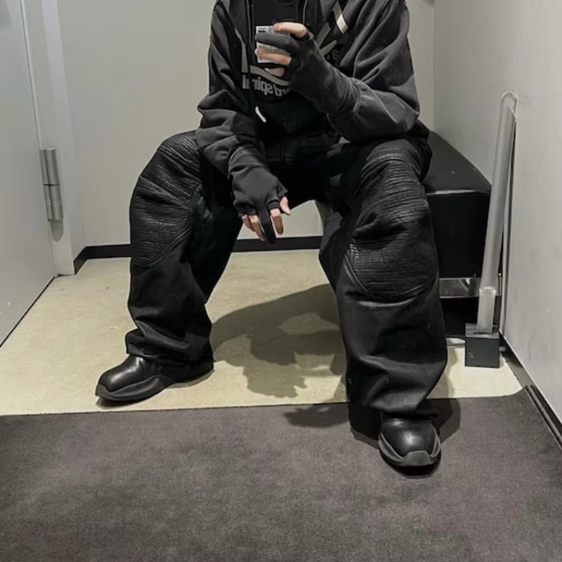 MIJKO Vintage Coated Wax Black Wide Leg Baggy Cargo Pants Men's Streetwear Cleanfit Pleated Casual Overalls Oversized Loose Trousers