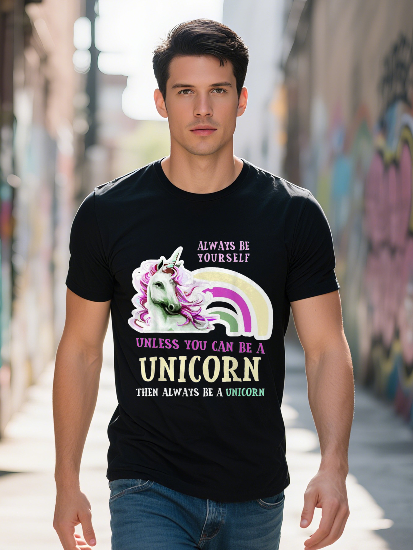 Men s g Cotton T Shirt Always Yourself Unless You Can Be A Funny Tee with Rainbow Design Black Short Sleeve