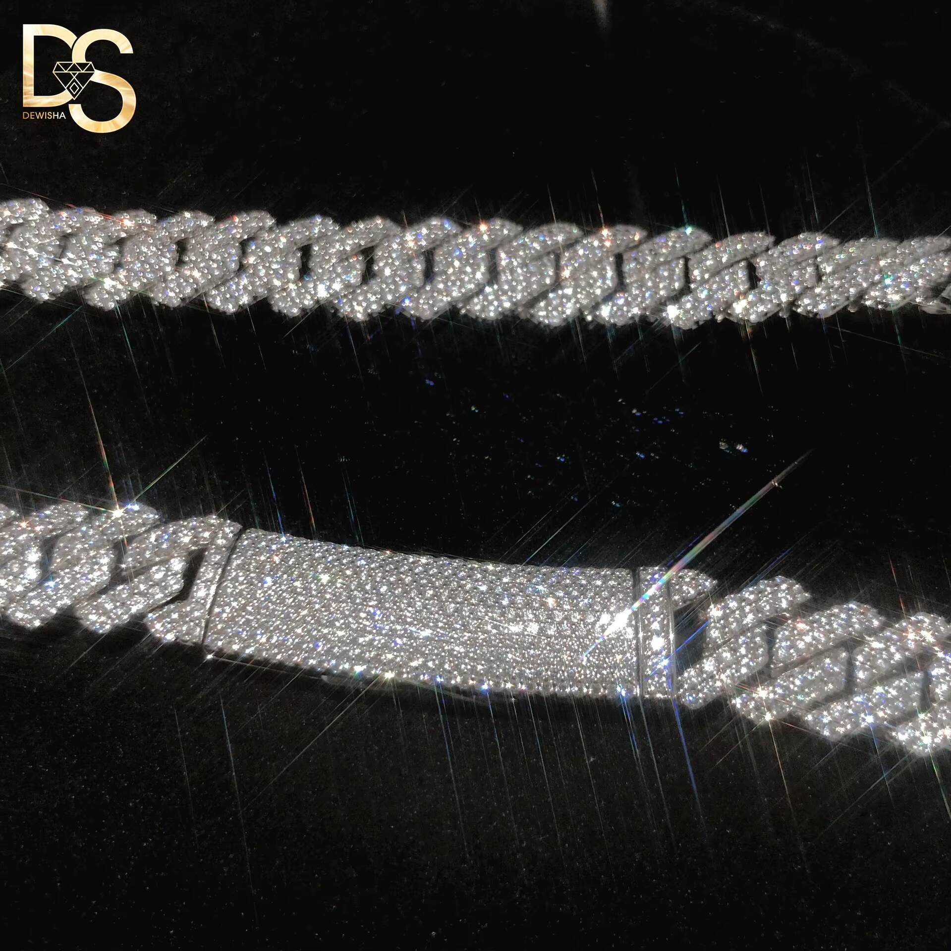 Factory Wholesale Hip Hop Fashion 12mm Width S925 Sterling Silver Plated Moissanite Cuban Chain Necklace