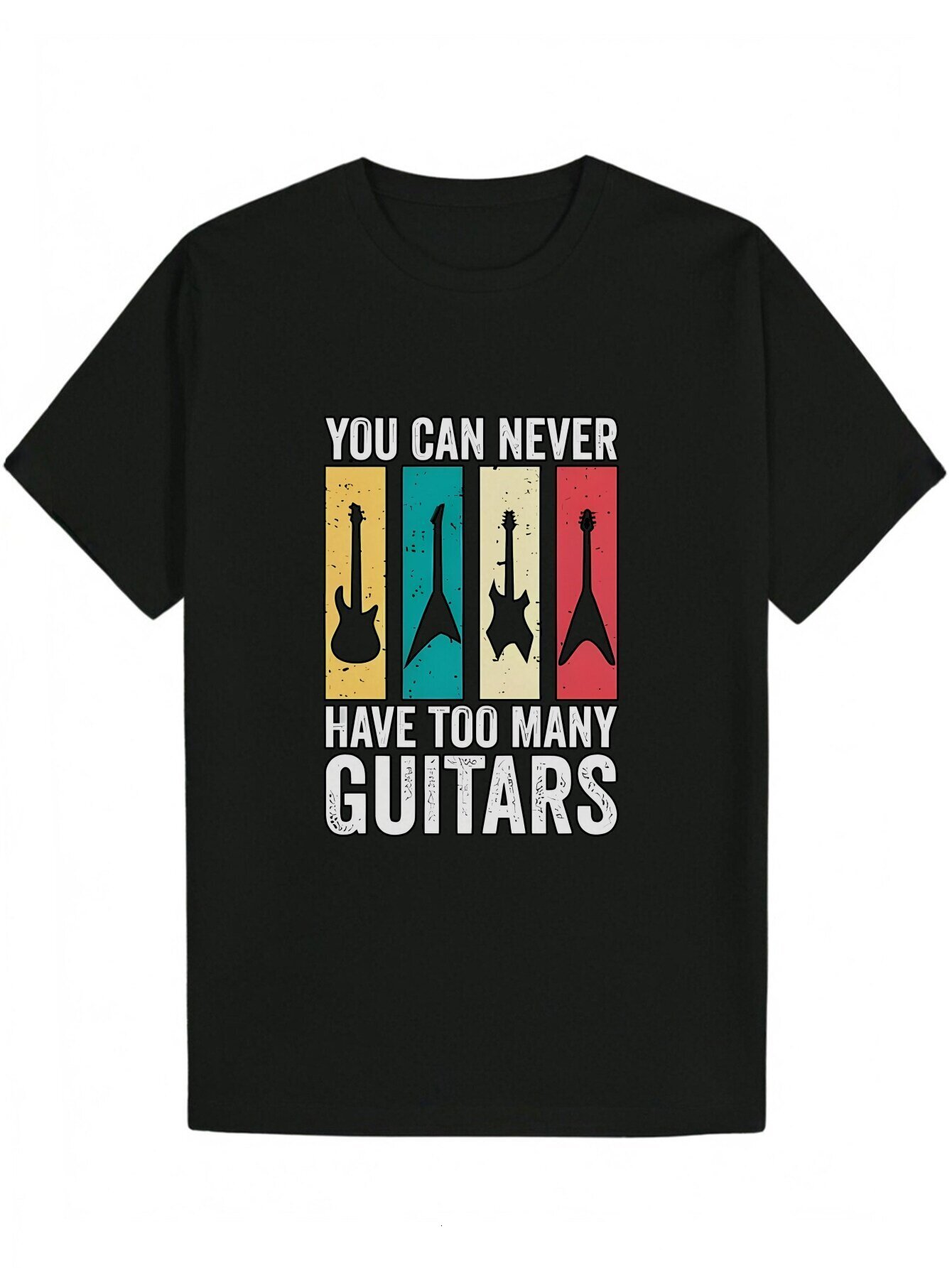 Minimalist Men's Summer Casual Black T-Shirt with "You Can Never Have Too Many Guitars" Print - Soft Polyester, Crew Neck, Machine Wash
