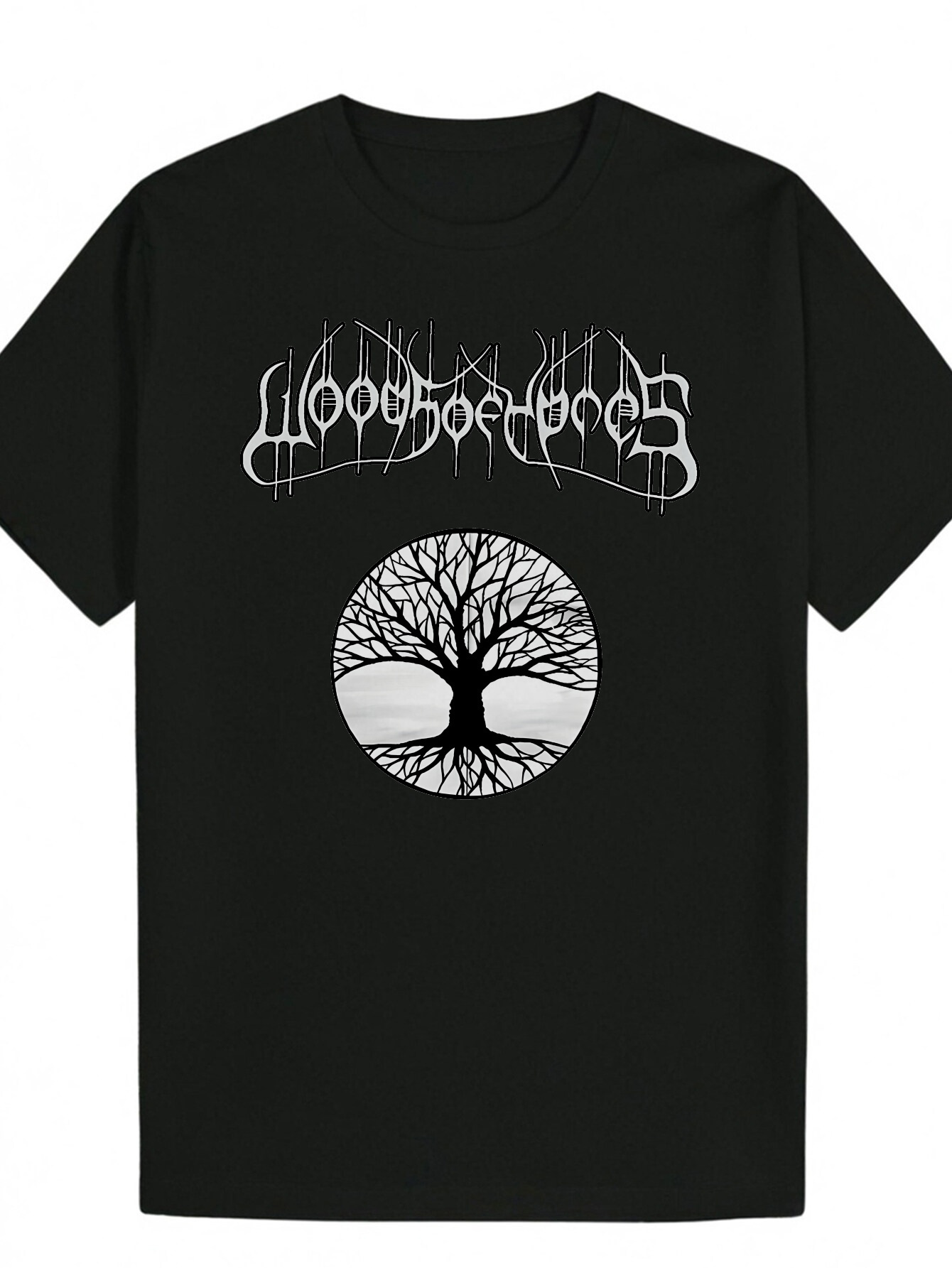 Men's Black Graphic T-Shirt with Gothic Font and Tree Design - Breathable Polyester Summer T-Shirt, Regular Crew Neck, Machine Washable, Artistic